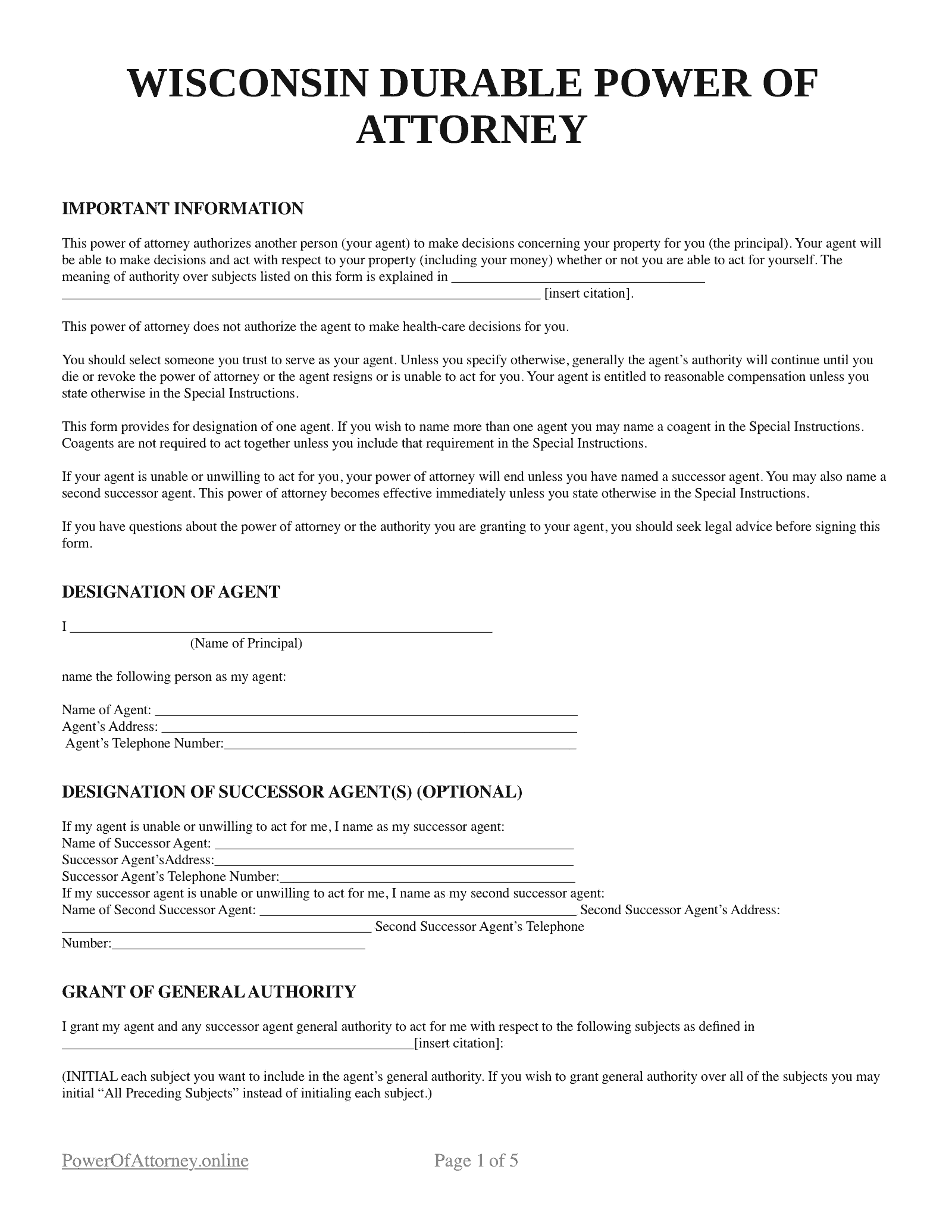 Power Of Attorney Free Printable Form