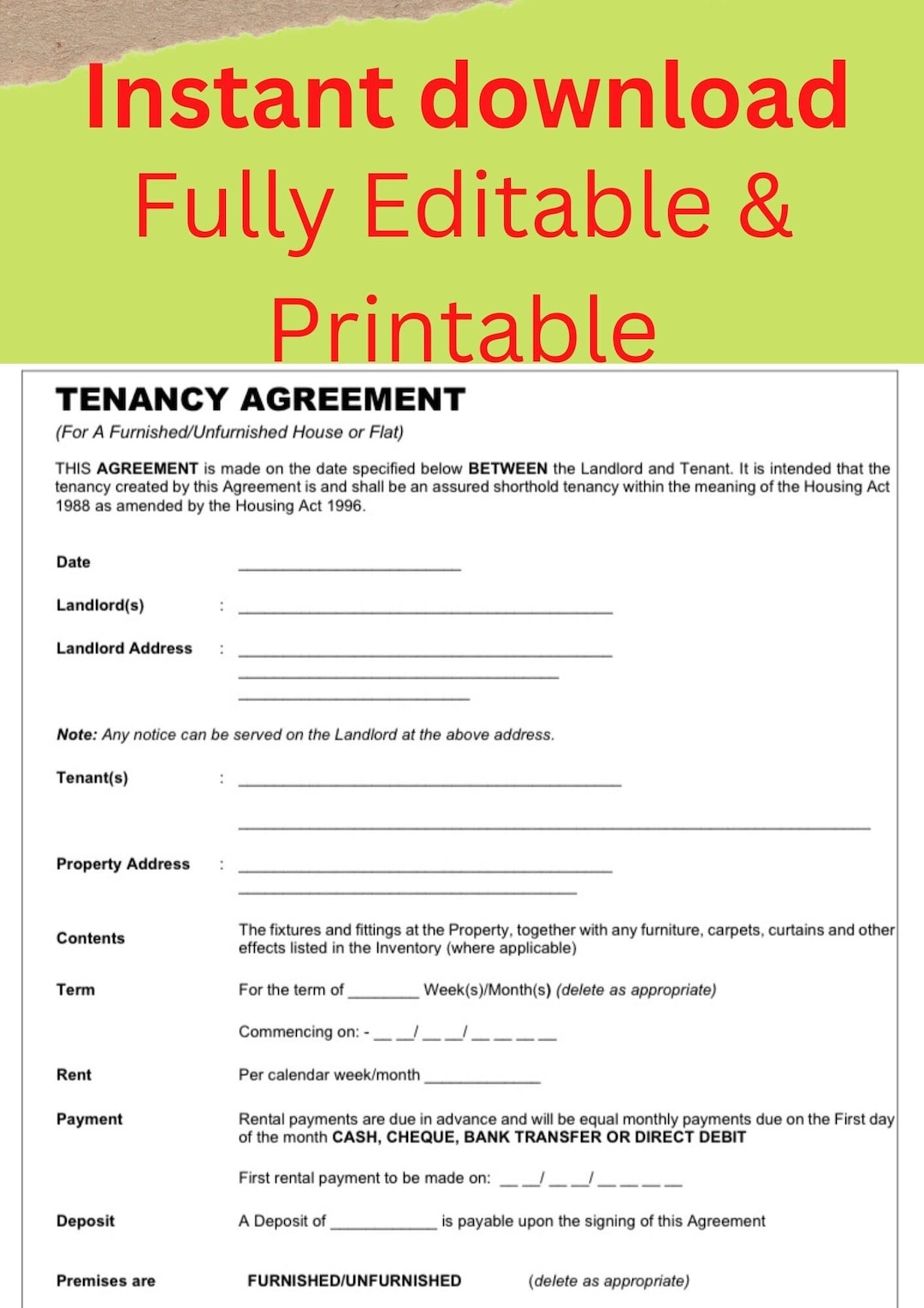 Fully Editable Tenancy Agreement 2025 Rental Agreement Printable Easy And Simple Etsy
