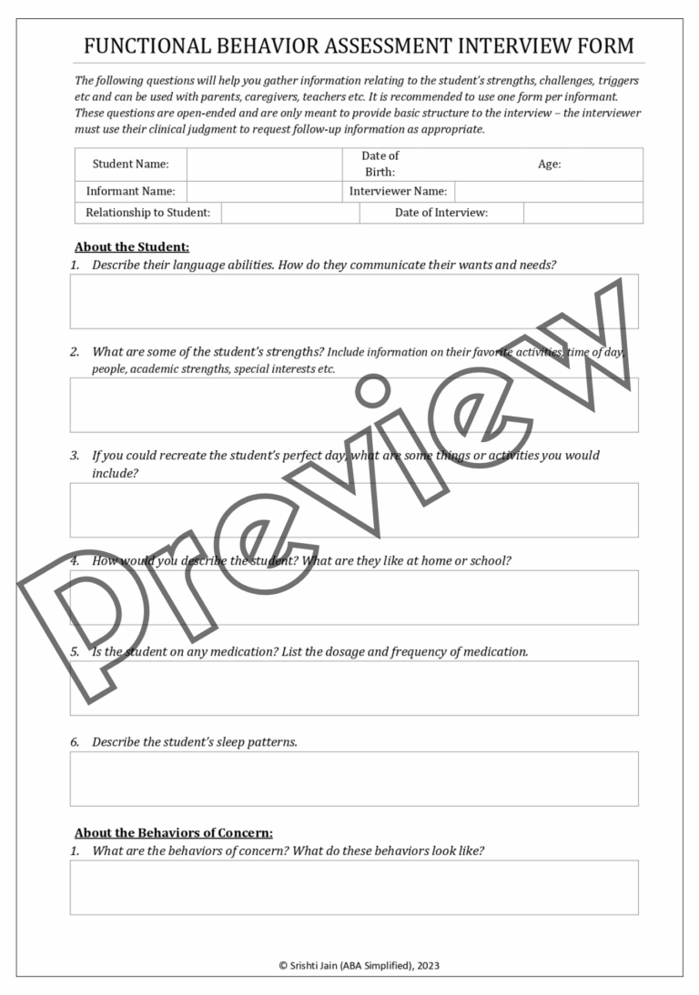 Functional Behavior Assessment FBA Report Template U0026 Interview Forms