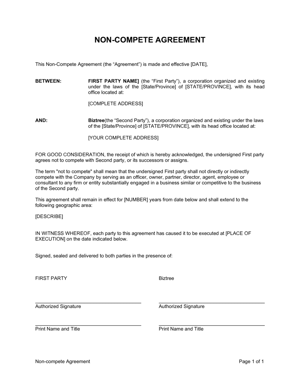 General Non Compete Agreement Template