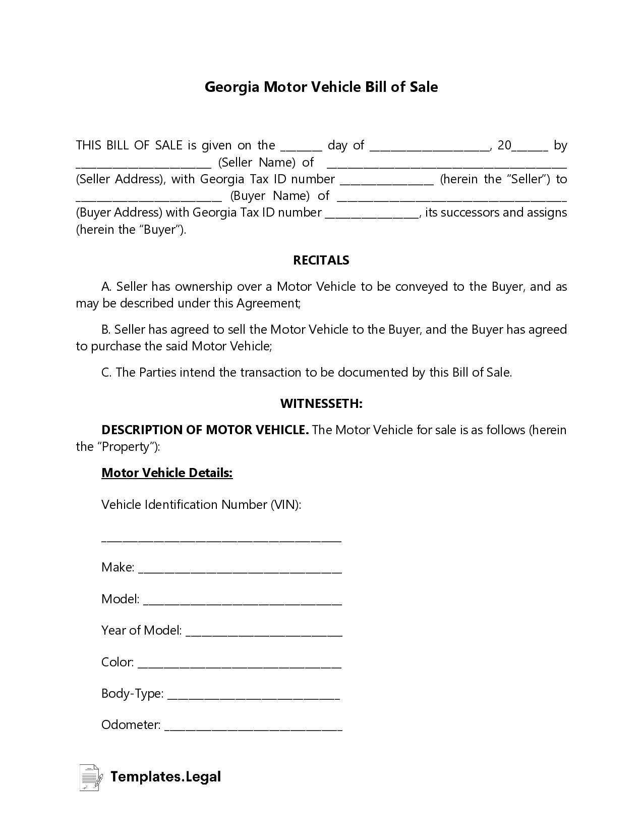 Georgia Bill Of Sale Templates Free Word PDF ODT 