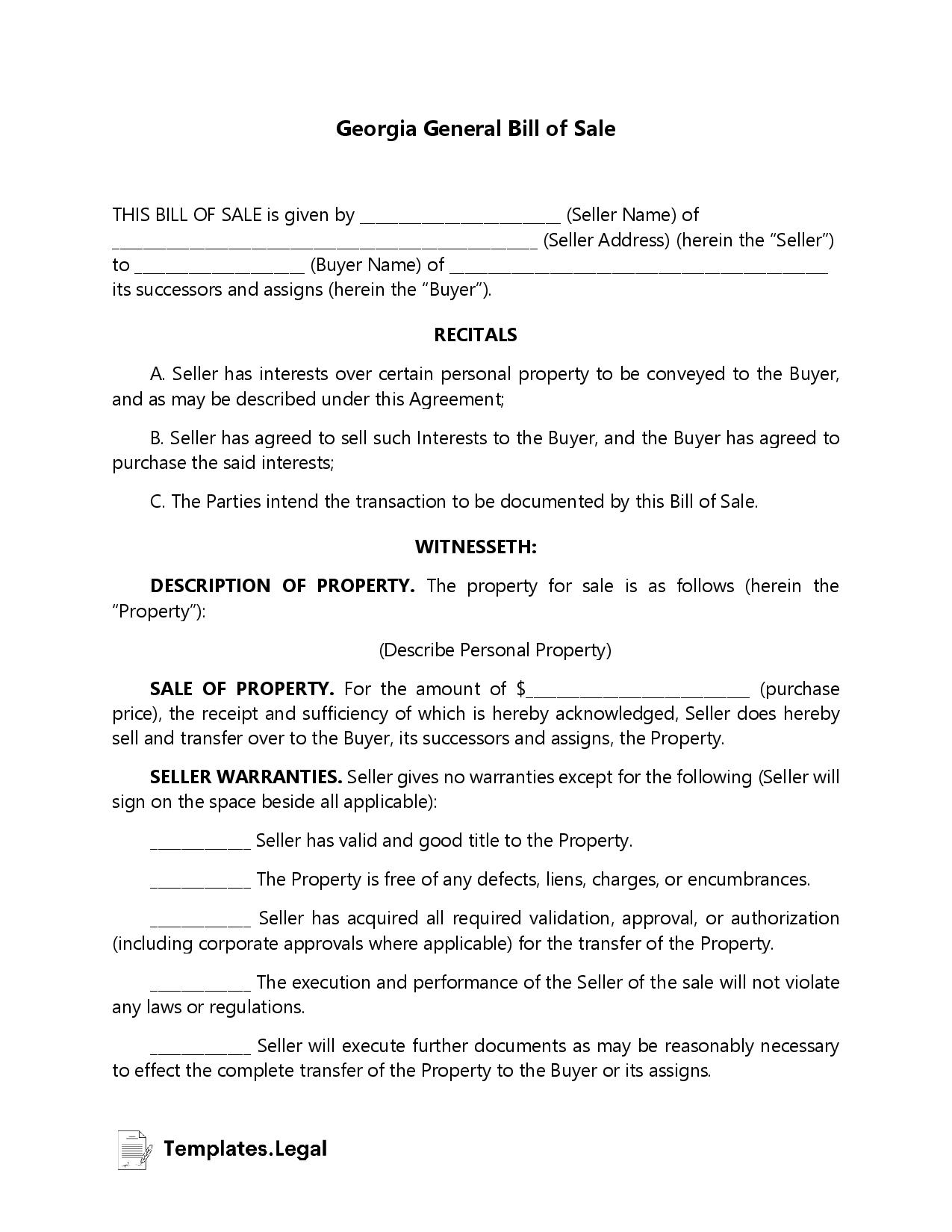 Georgia Bill Of Sale Templates Free Word PDF ODT 