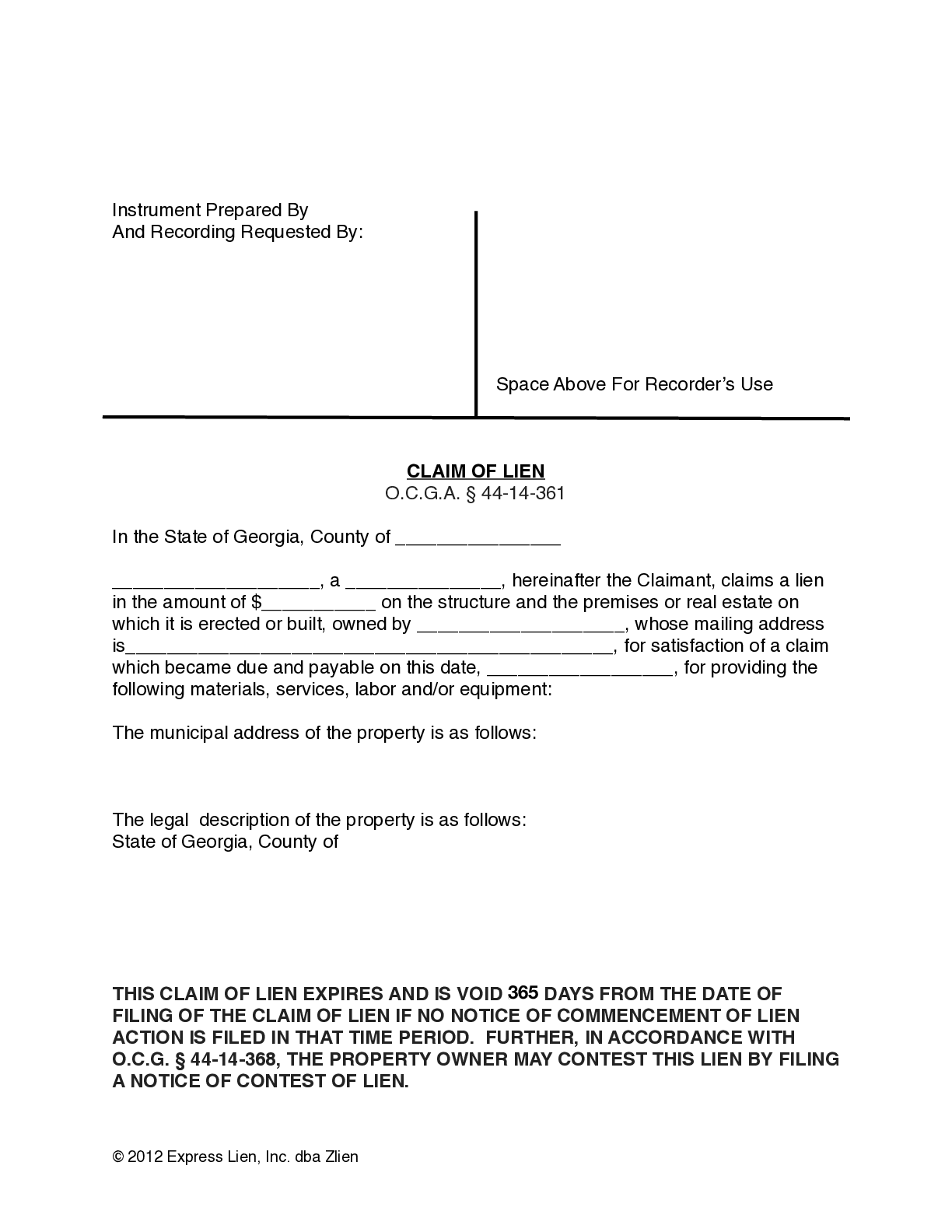 Georgia Mechanics Lien Form Free Downloadable Template