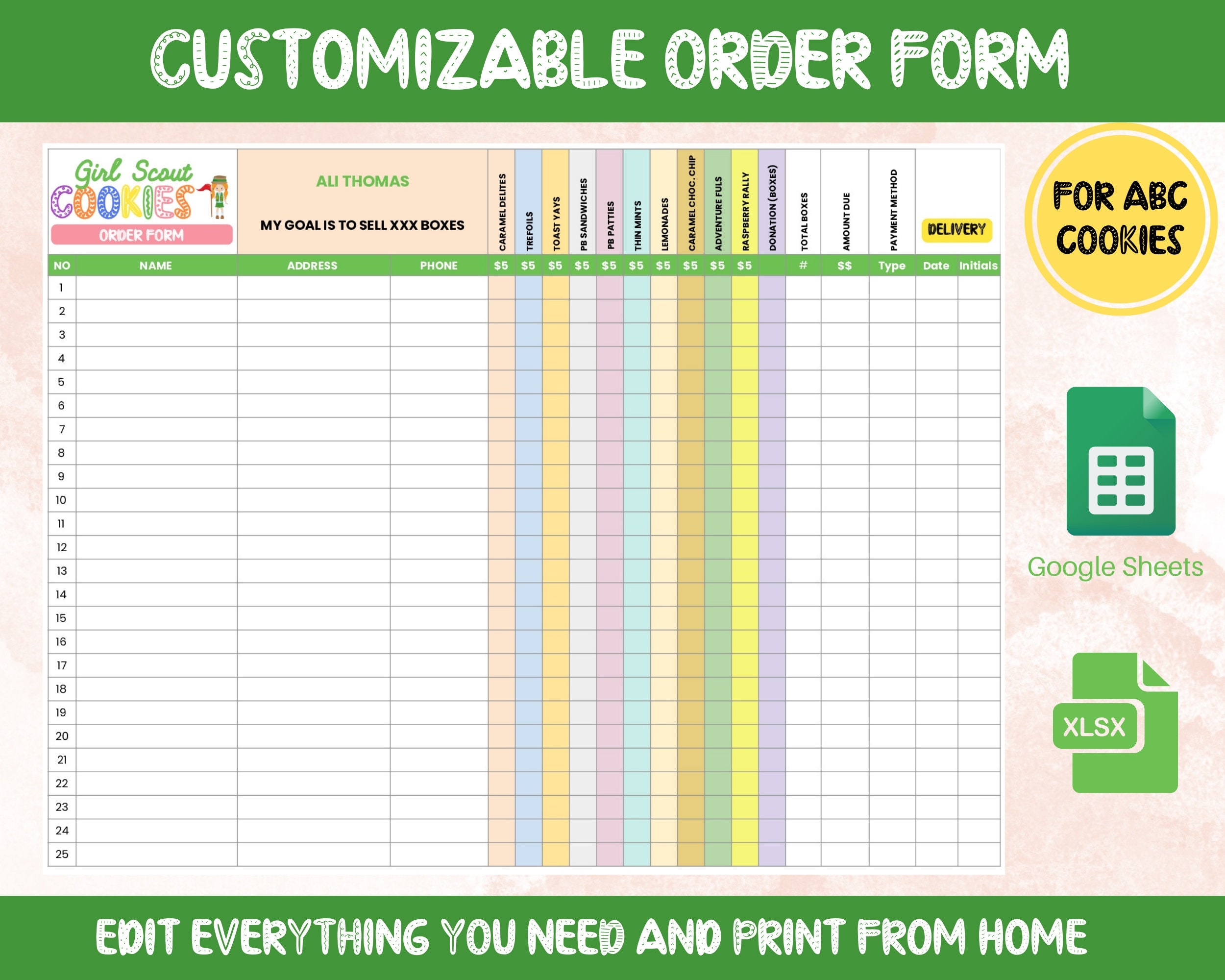 Girl Scout Cookie Order Form Template Editable With Google Sheets 