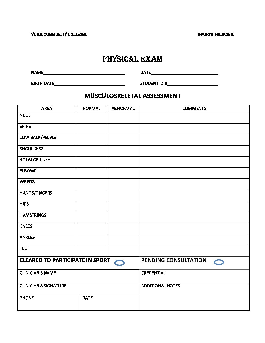 Free Printable Physical Form For Sports