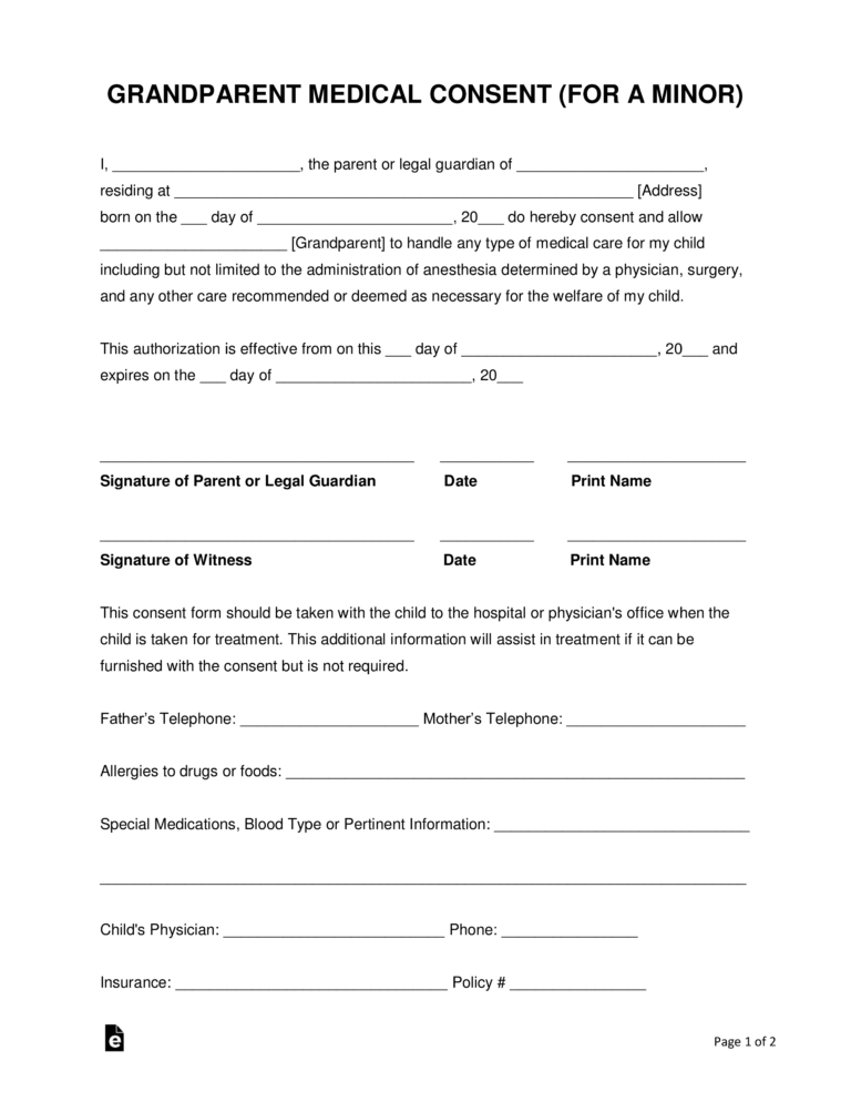 Grandparents Medical Consent Form Minor Child EForms