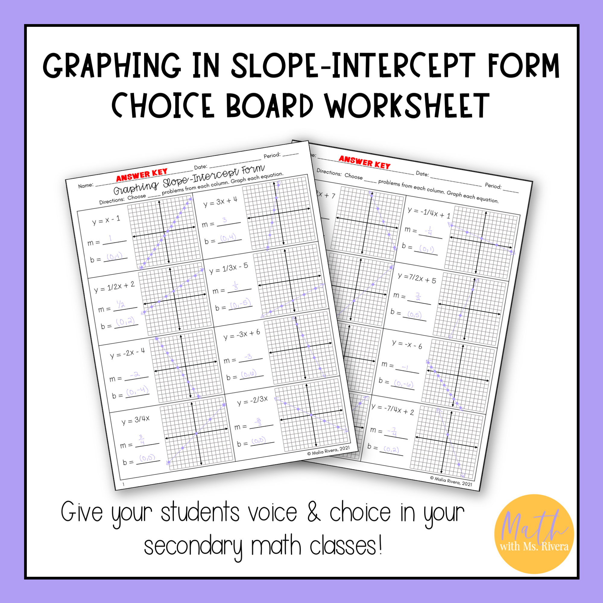 Graphing In Slope Intercept Form Choice Board Worksheet For Algebra 1 Classful