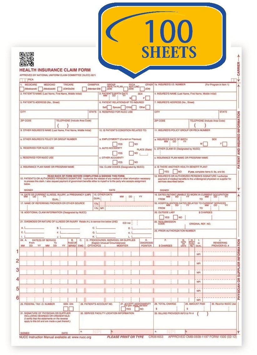 HCFA Version 0212 CMS 1500 Claim Forms 100 Sheets Burkina Faso Ubuy