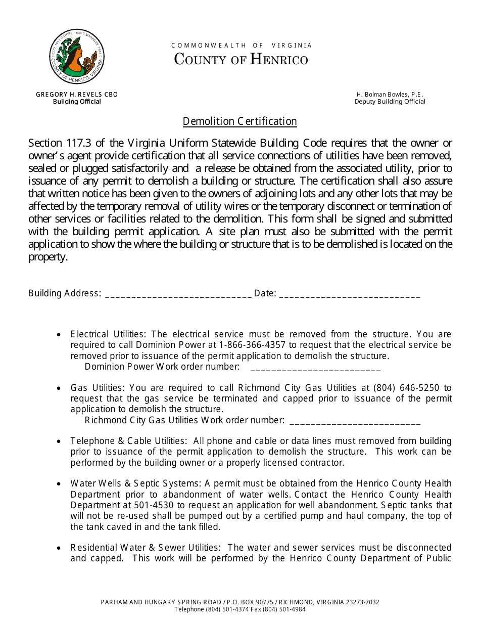 Henrico County Virginia Demolition Certification Form Fill Out Sign Online And Download PDF Templateroller