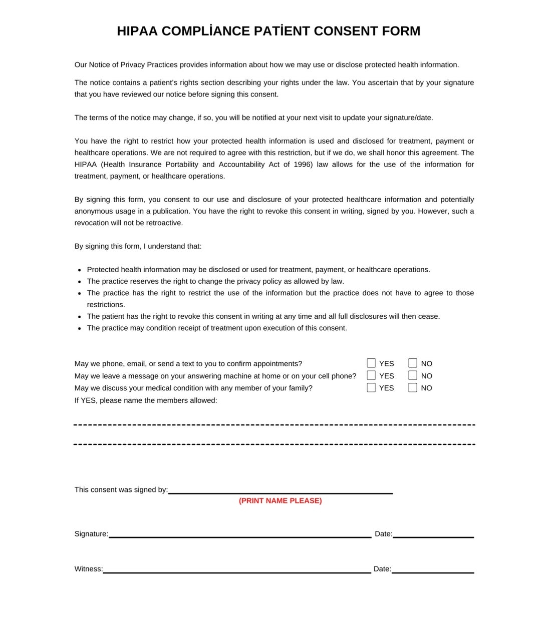 HIPAA Consent Form Template Printable HIPAA Compliance Patient Consent Form Medical Consent New Patient Form Digital Download Etsy