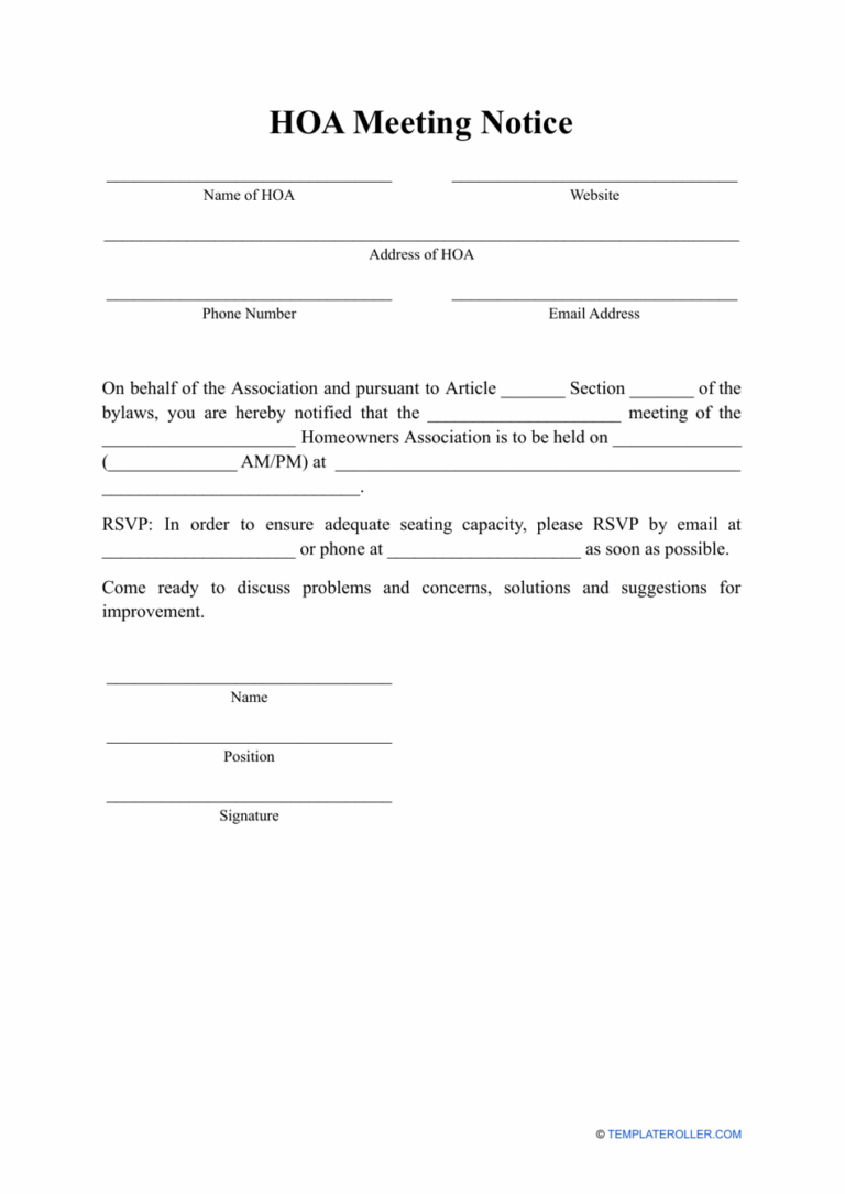 Hoa Meeting Notice Template Fill Out Sign Online And Download PDF Templateroller