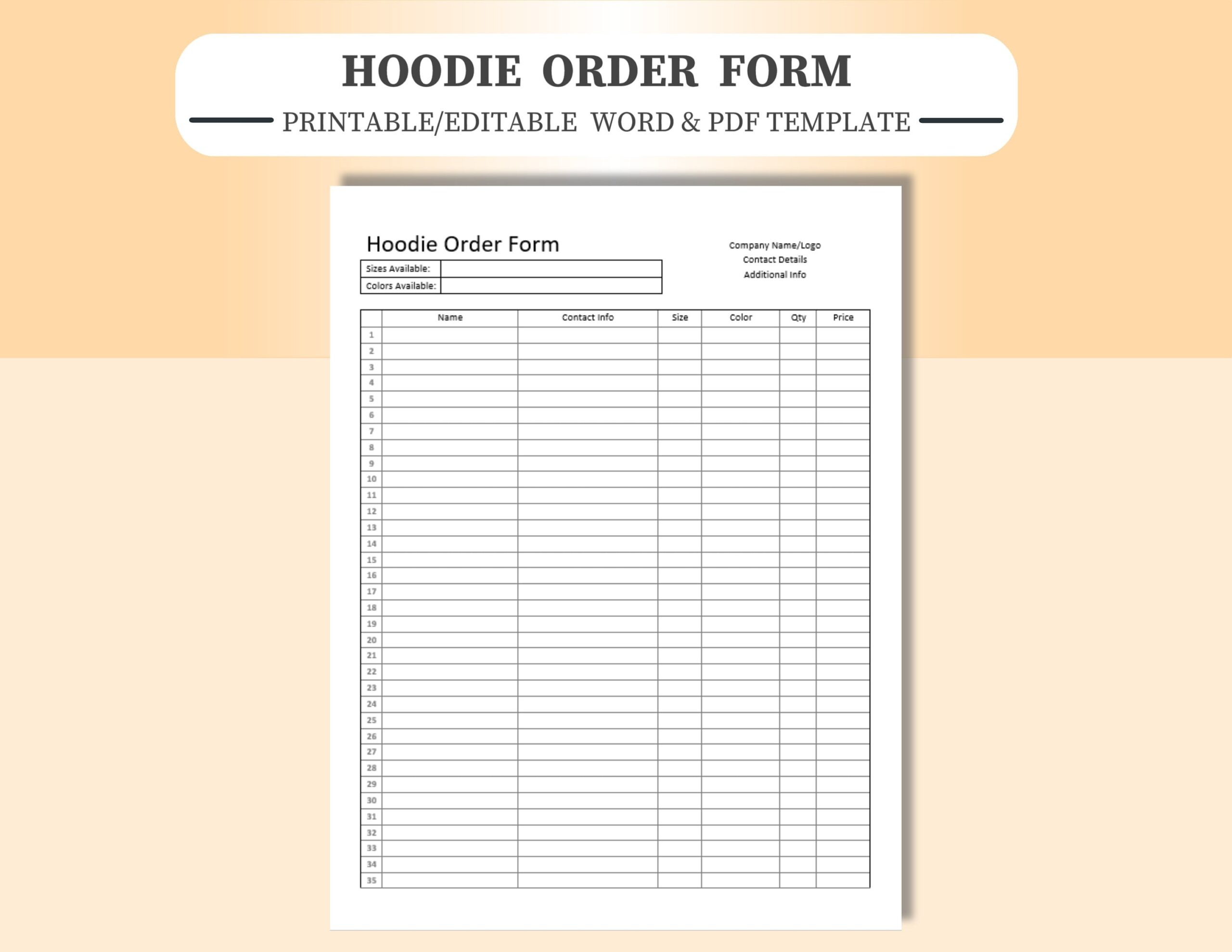 Hoodie Order Form Template Editable And Printable In Microsoft 