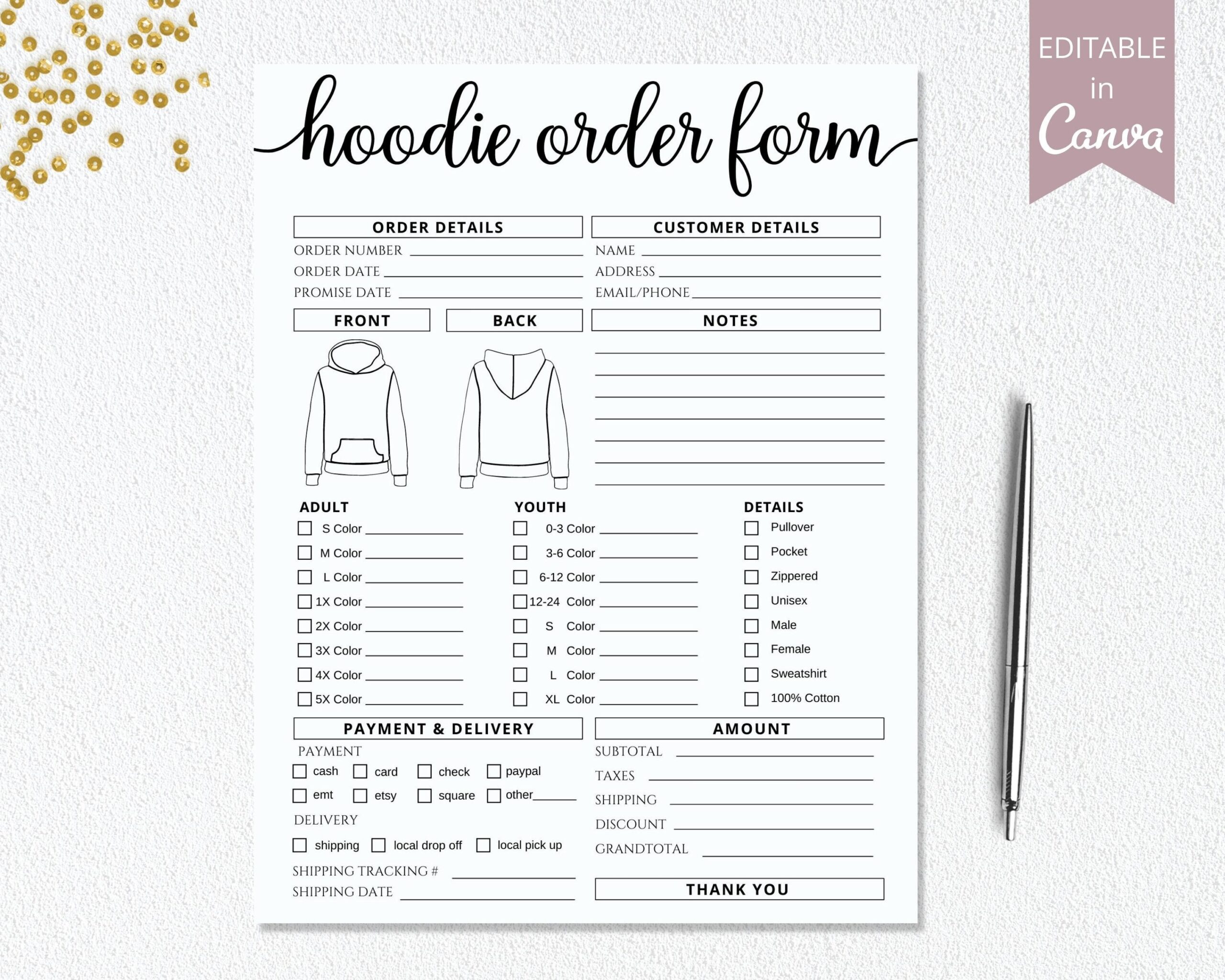 Hoodie Order Form Template I Editable Canva Invoice Template I T shirt Small Business Form I Custom Order Form Printable I Crafters Forms Etsy
