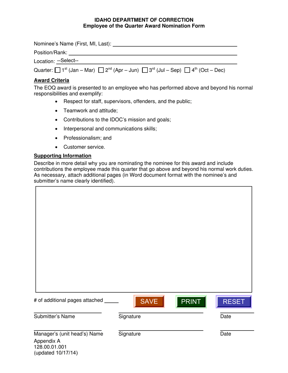 Idaho Employee Of The Quarter Award Nomination Form Fill Out Sign Online And Download PDF Templateroller