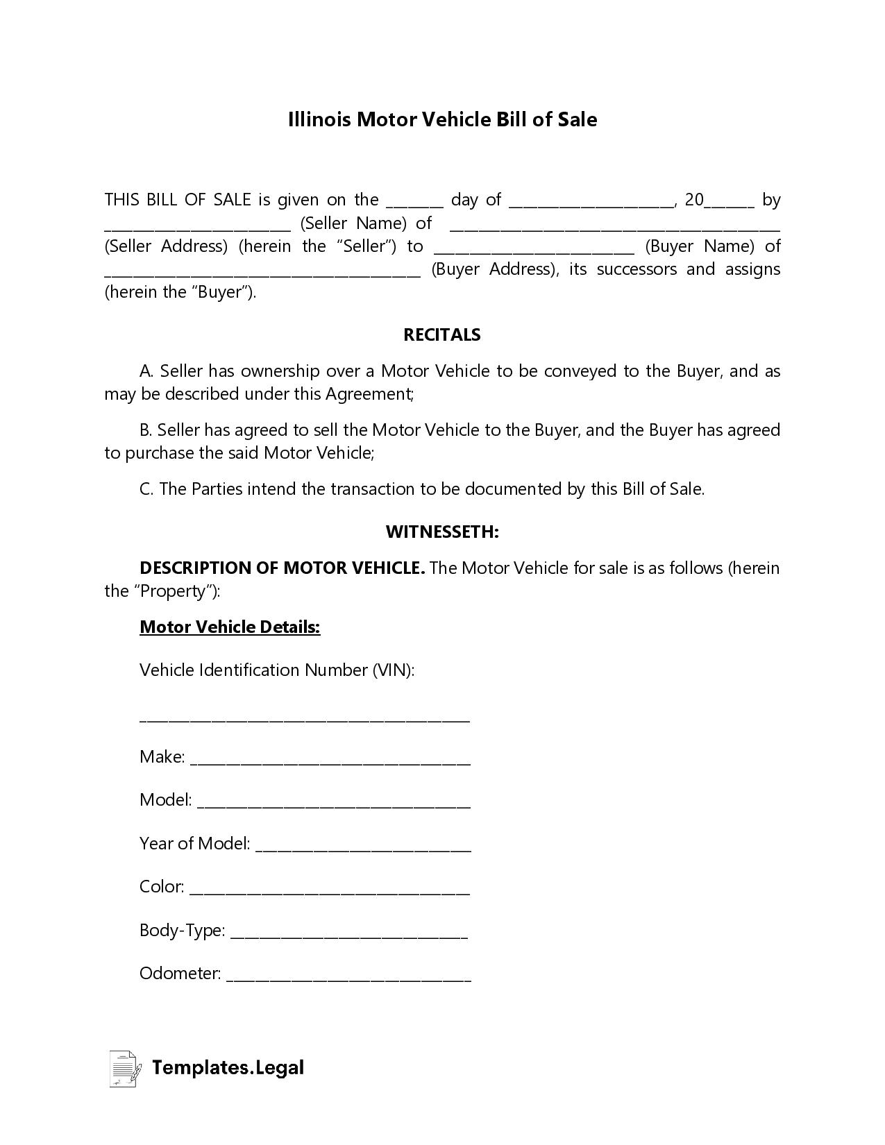 Printable Illinois Motor Vehicle Bill Of Sale Form Free