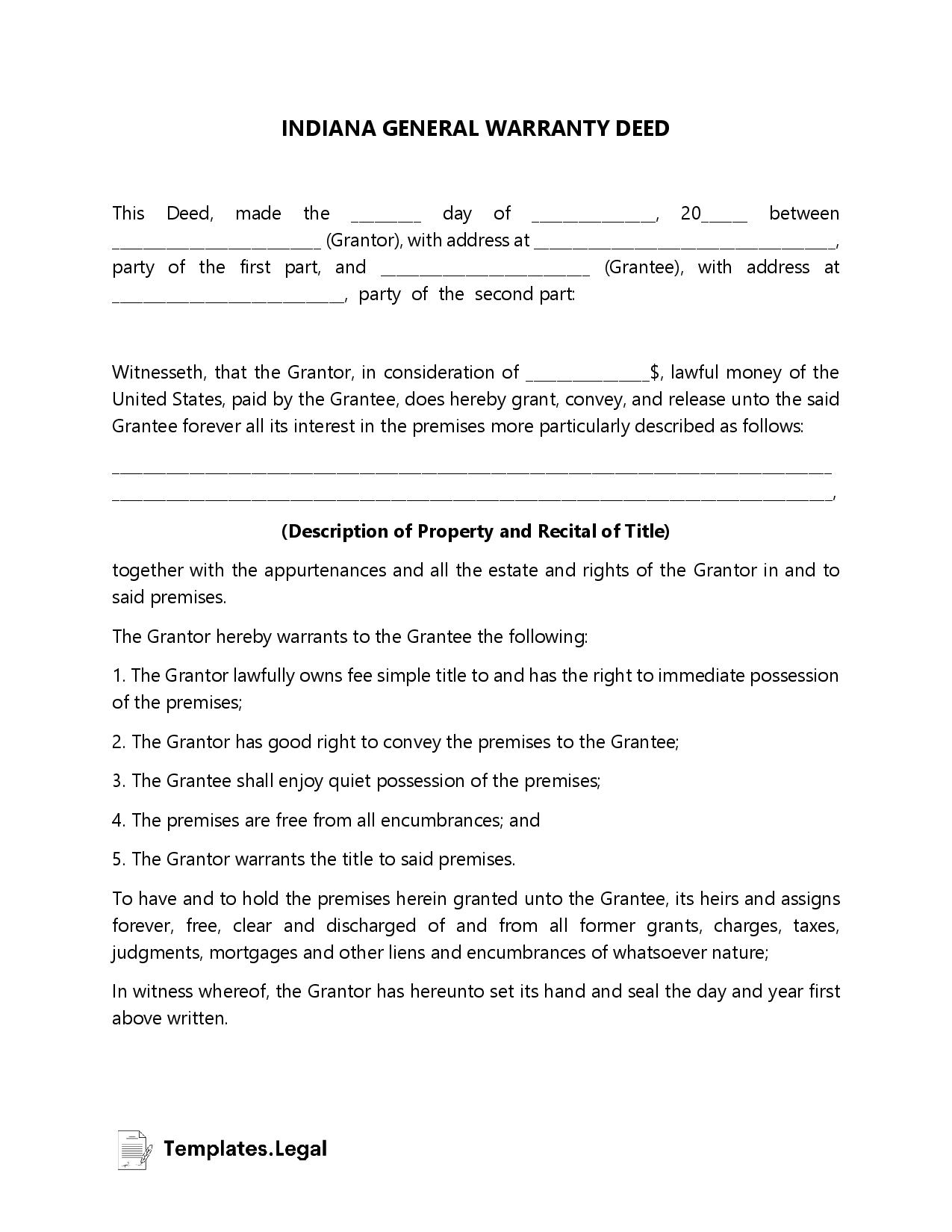 Indiana Deed Forms U0026 Templates Free Word PDF ODT 