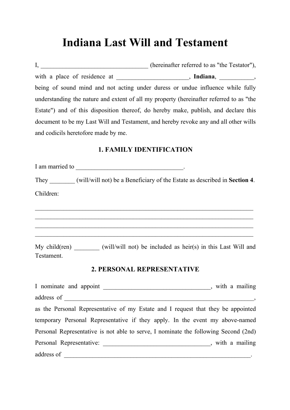 Indiana Last Will And Testament Template Download Printable PDF Templateroller