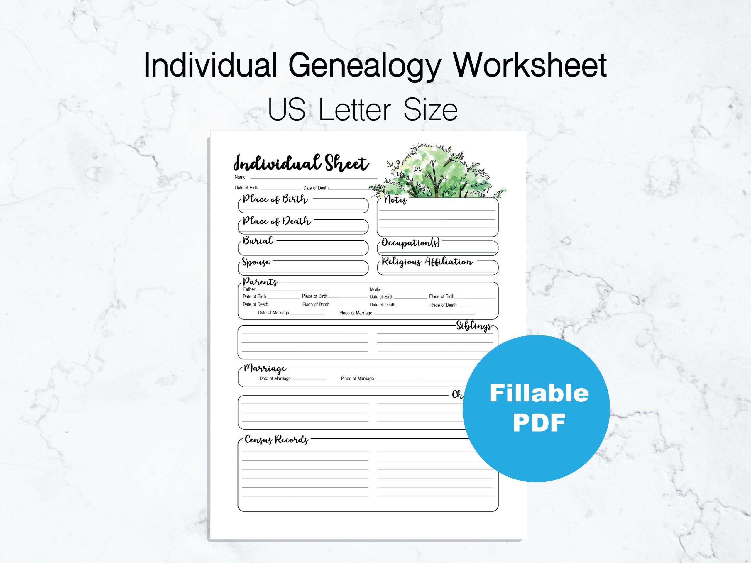 Individual Genealogy Worksheet US Letter Size Fillable PDF Watercolor Tree Design Etsy