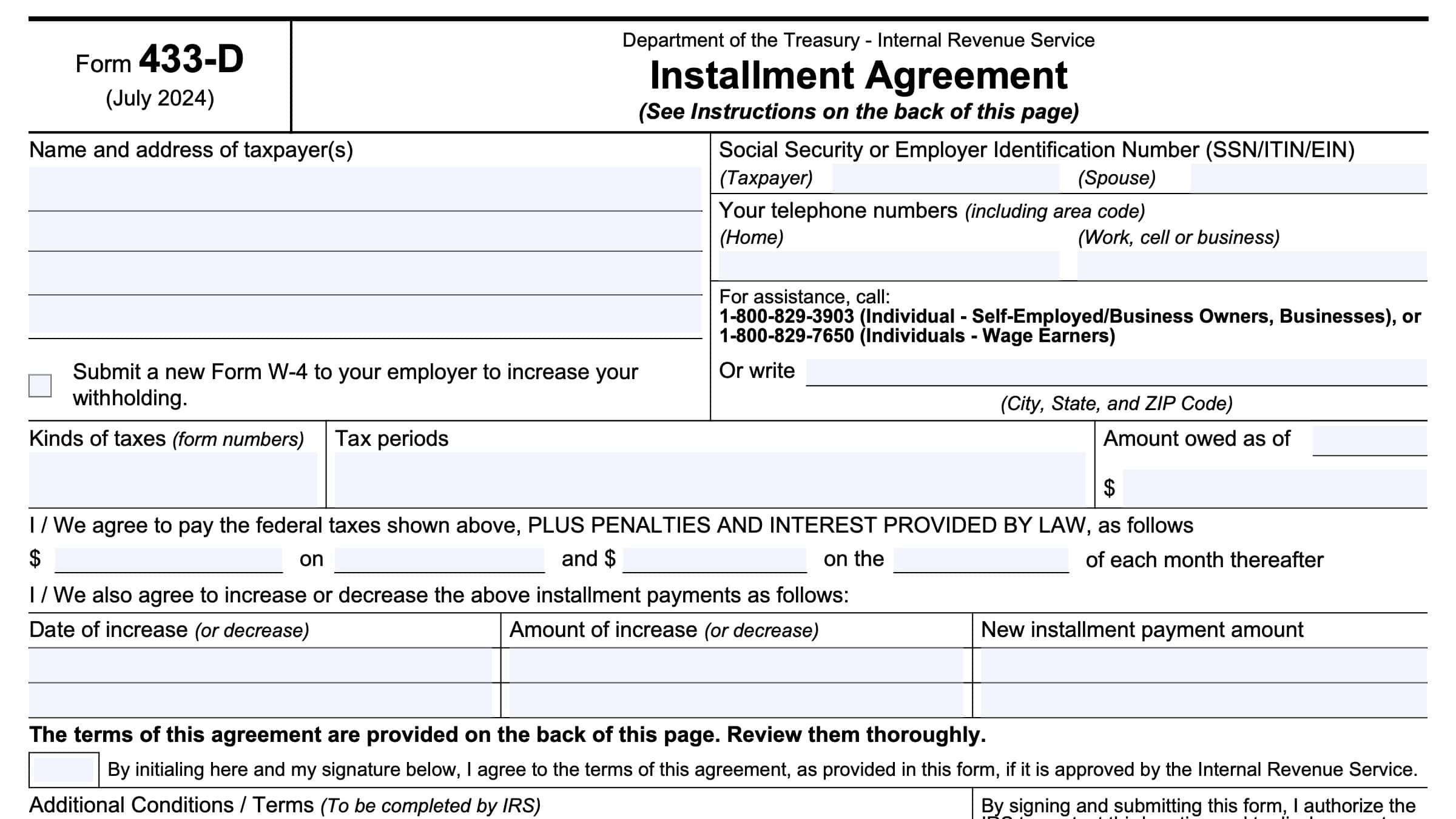 IRS Form 433 D Instructions Setting Up An Installment Agreement