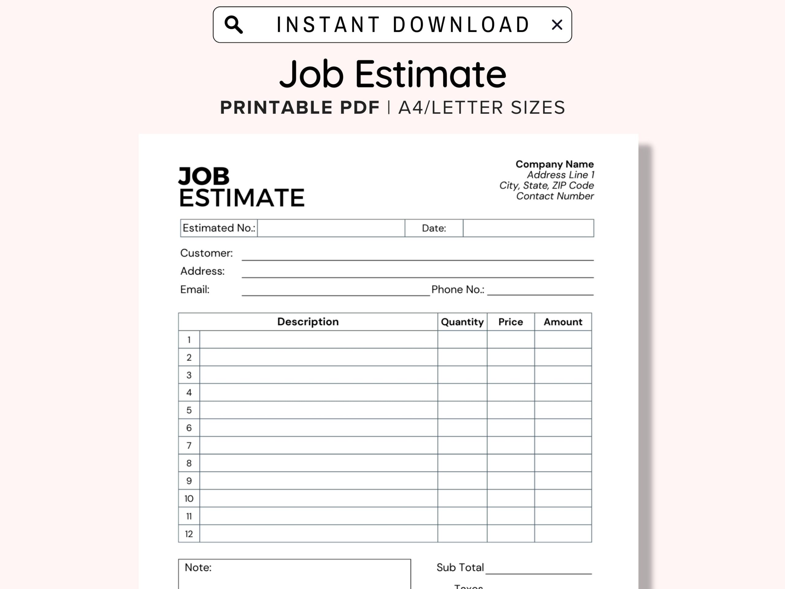 Job Estimate Template Printable Job Estimate Template PDF Editable WORD Construction Bid Painting Electrical Tile Home Remodeling Etsy