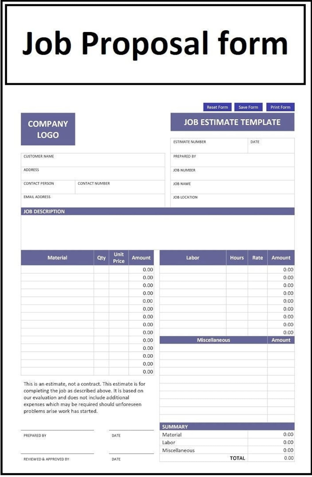 Job Proposal U0026 Contract Form Job Proposal Form Job Estimation Template Editable PDF File Etsy