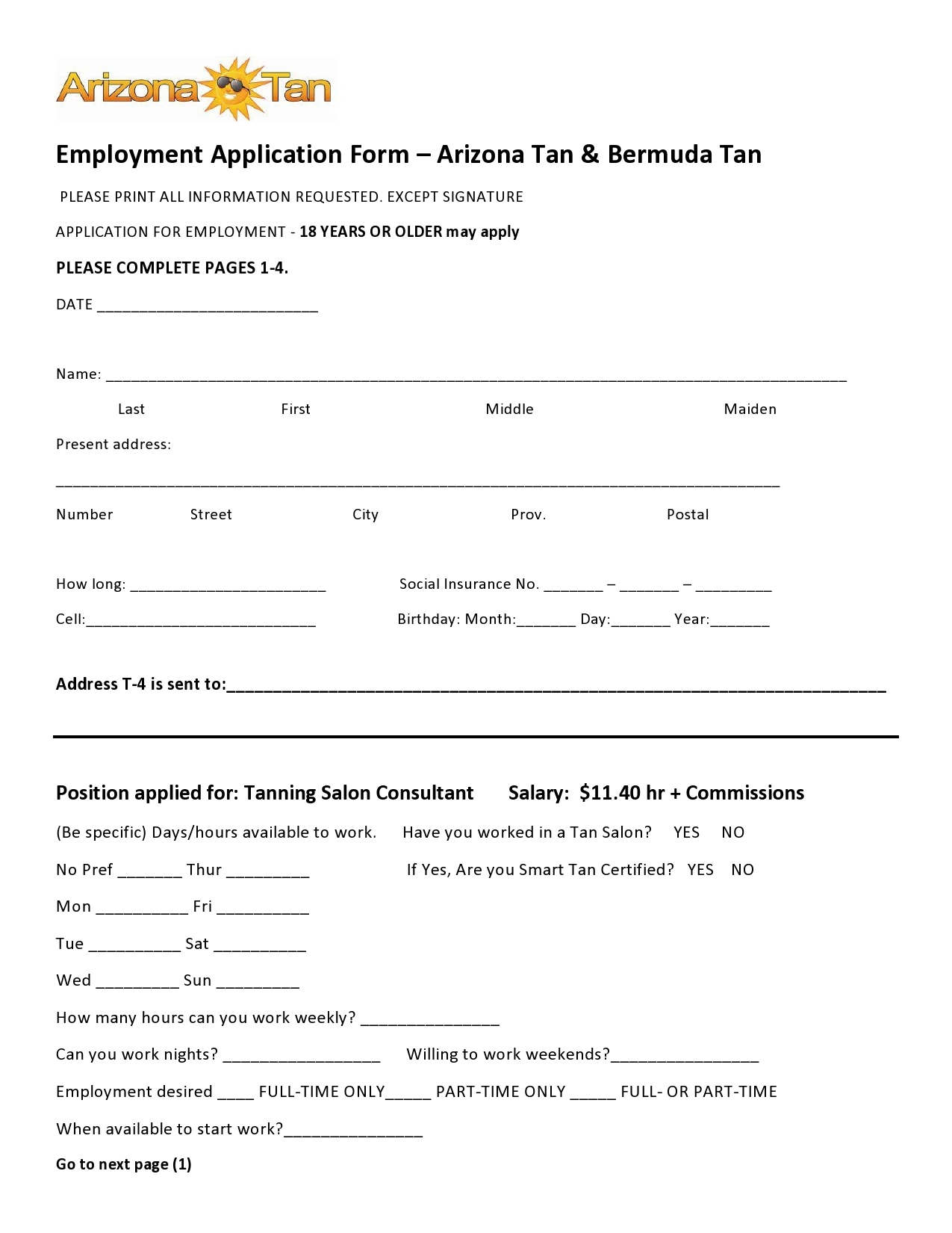 Arizona Free Printable Employee Application Forms