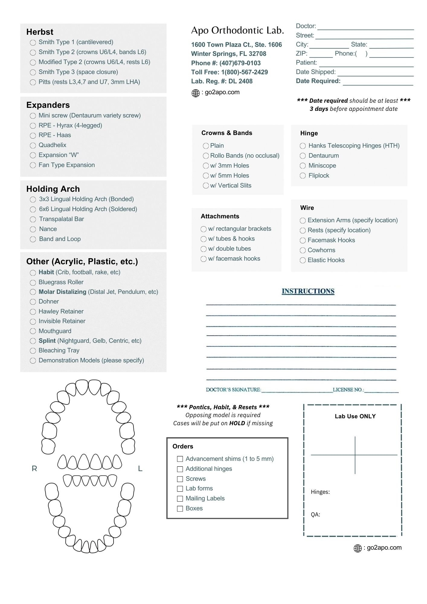 Lab Form APO Orthodontic And Dental Lab