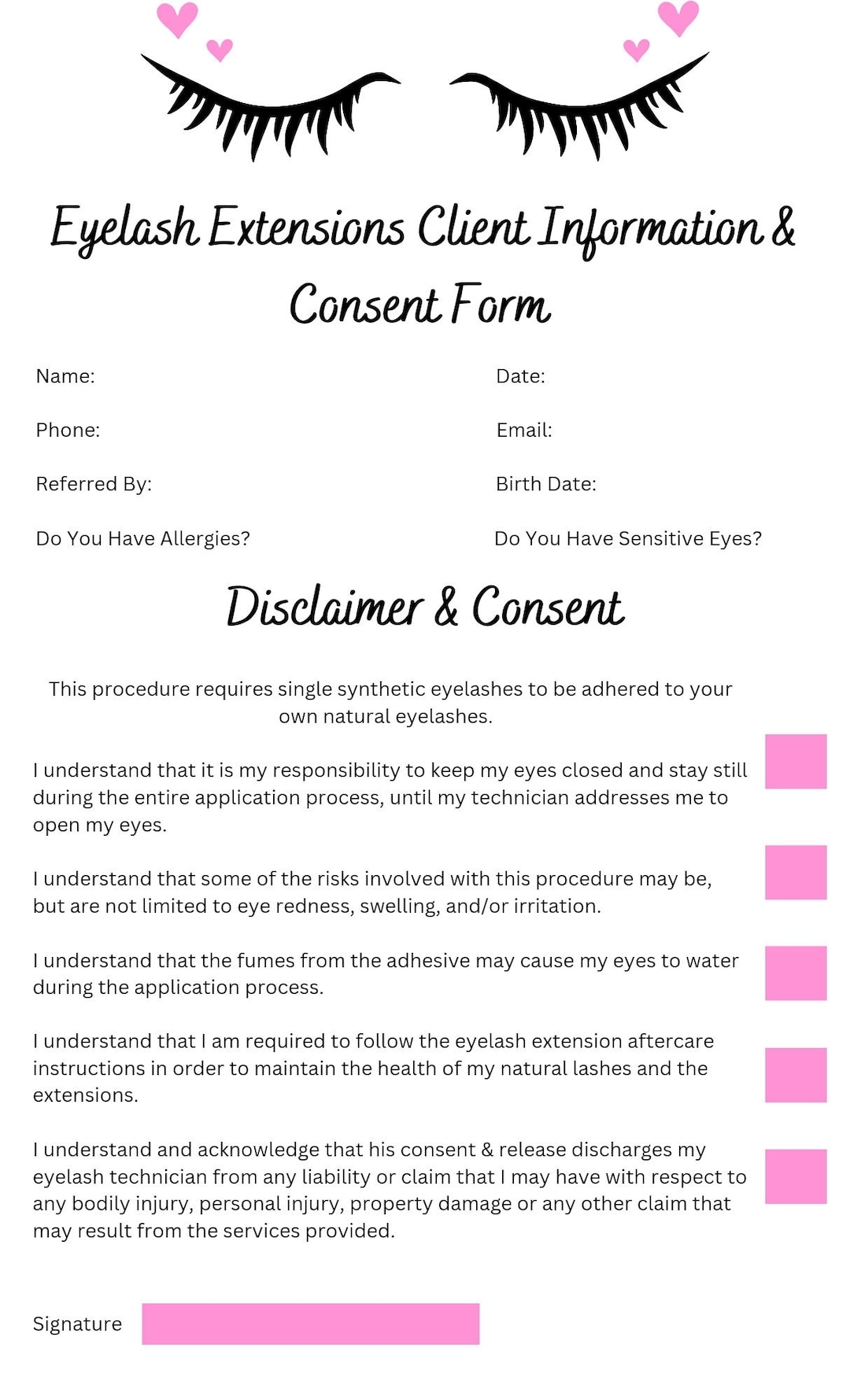 Lash Extension Client Consent And Disclaimer Waiver Form Etsy