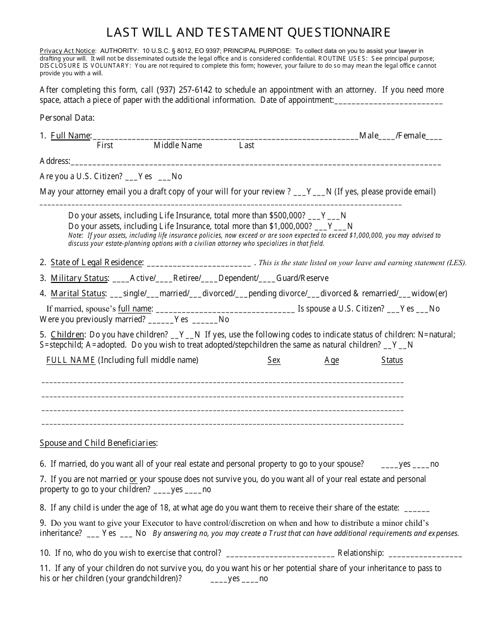 Last Will And Testament Questionnaire Template Download Printable PDF Templateroller