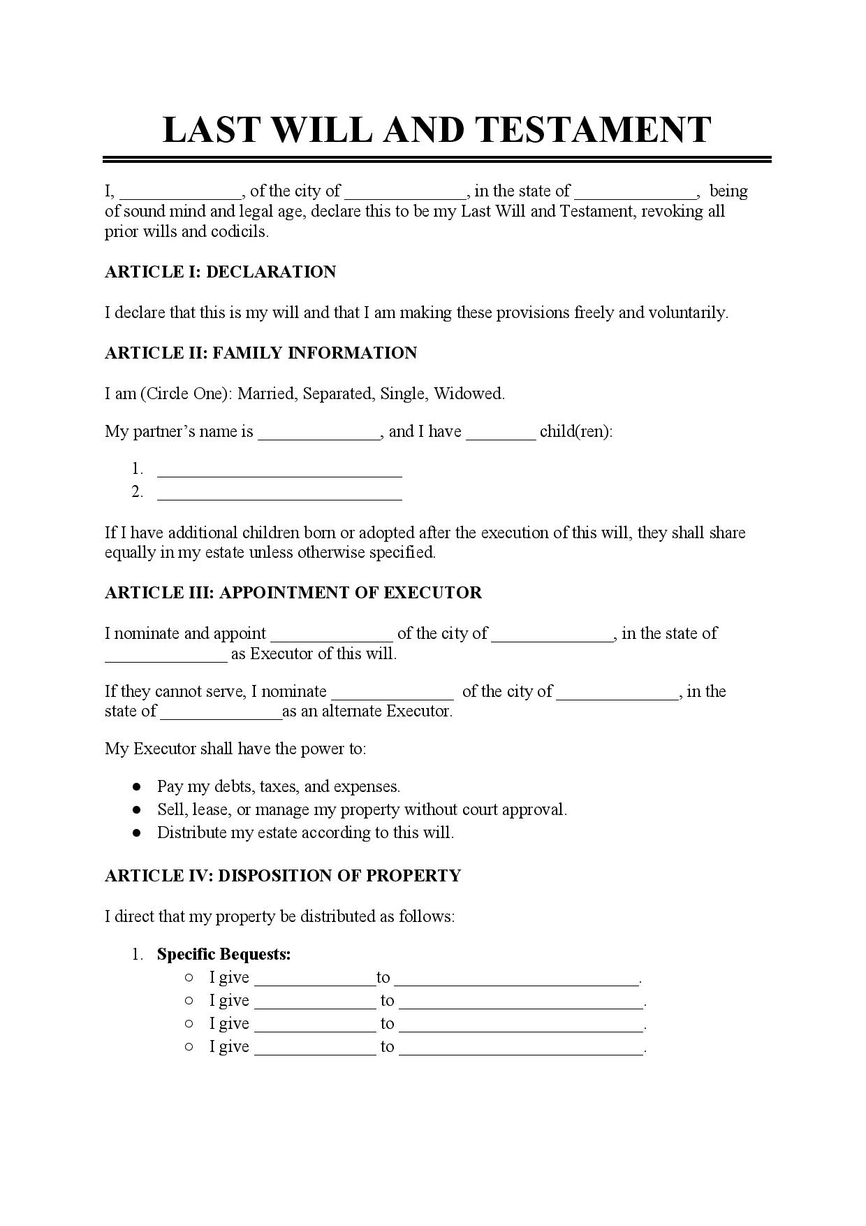 Last Will And Testament Template Free Download Easy Legal Docs