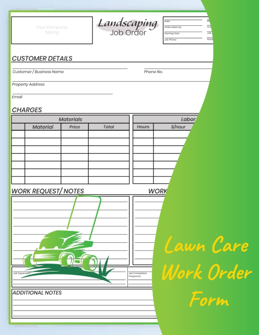Lawn Care Work Order Form Will Help You Record Client Details Materials Labor Work Estimate 50 Work Order Form Letter Size 8 5 x11 Inch 