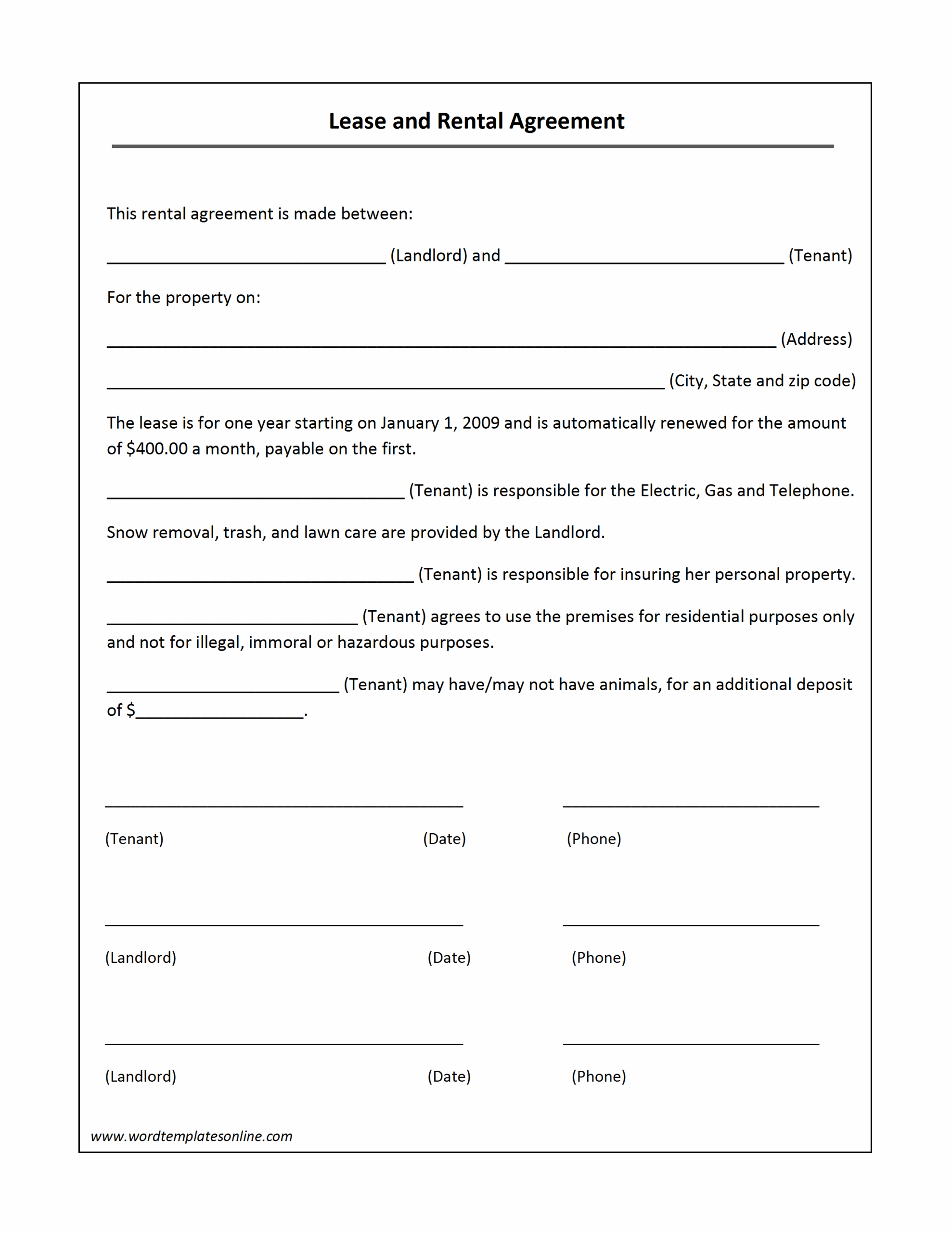Free Printable Pdf Rental Agreement Forms