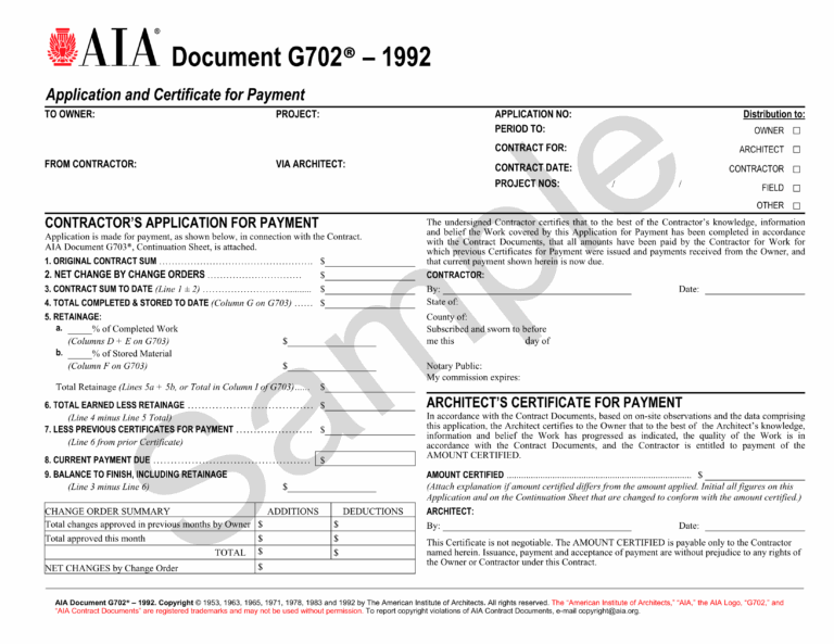 Looking For AIA Payment Application G702 1992 Get It Here 