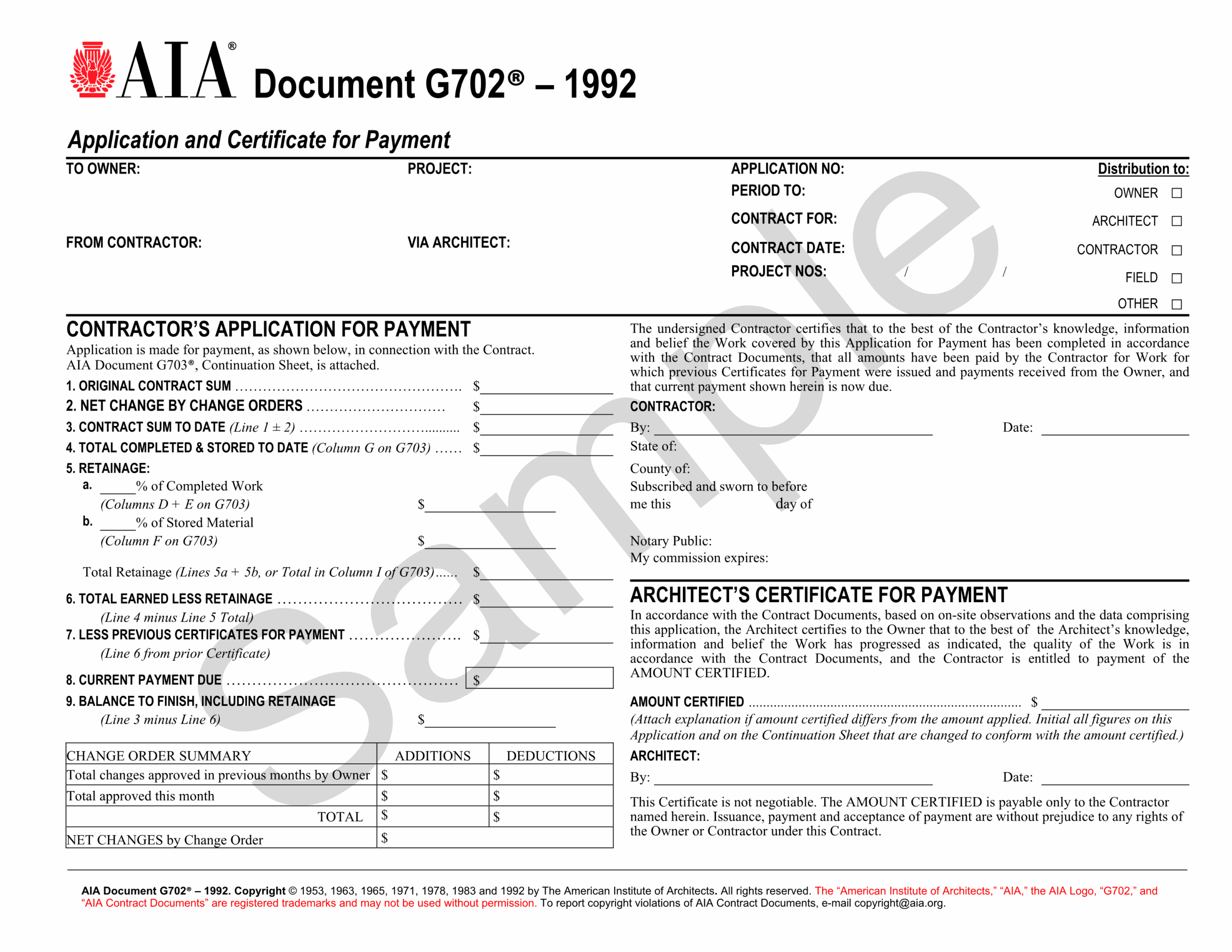 Looking For AIA Payment Application G702 1992 Get It Here 