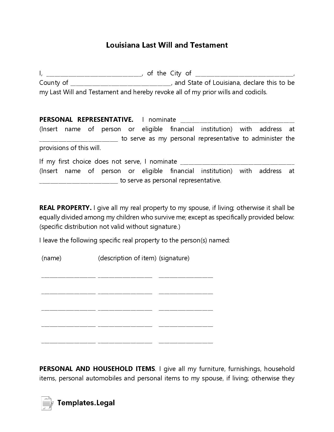 Louisiana Last Will And Testament Templates Free Word PDF ODT 