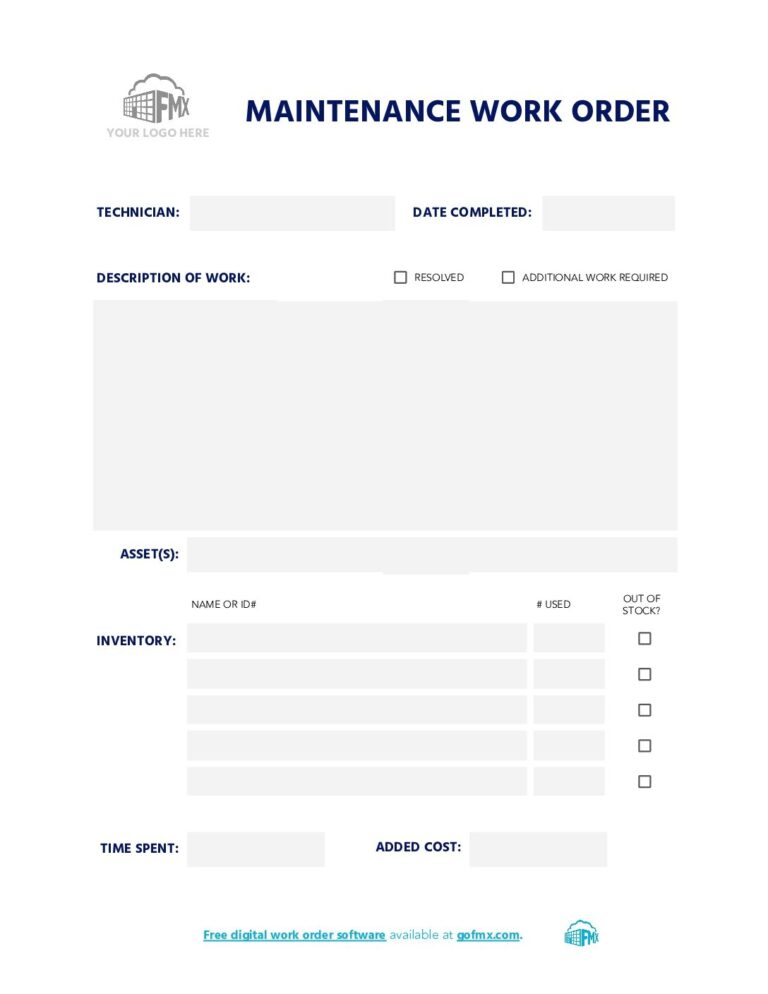 Maintenance Work Order Form Free Printable Template FMX