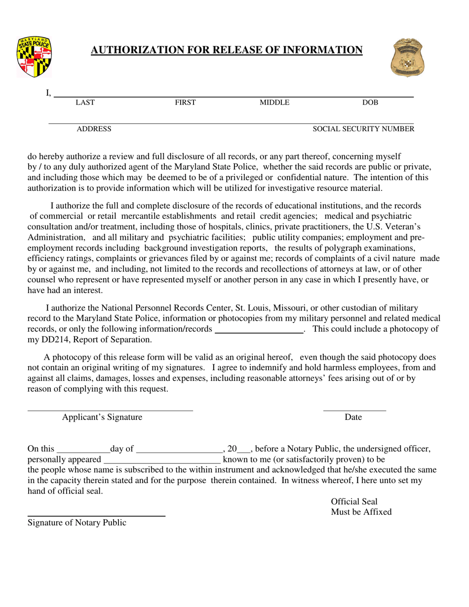 Maryland Authorization For Release Of Information Fill Out Sign Online And Download PDF Templateroller