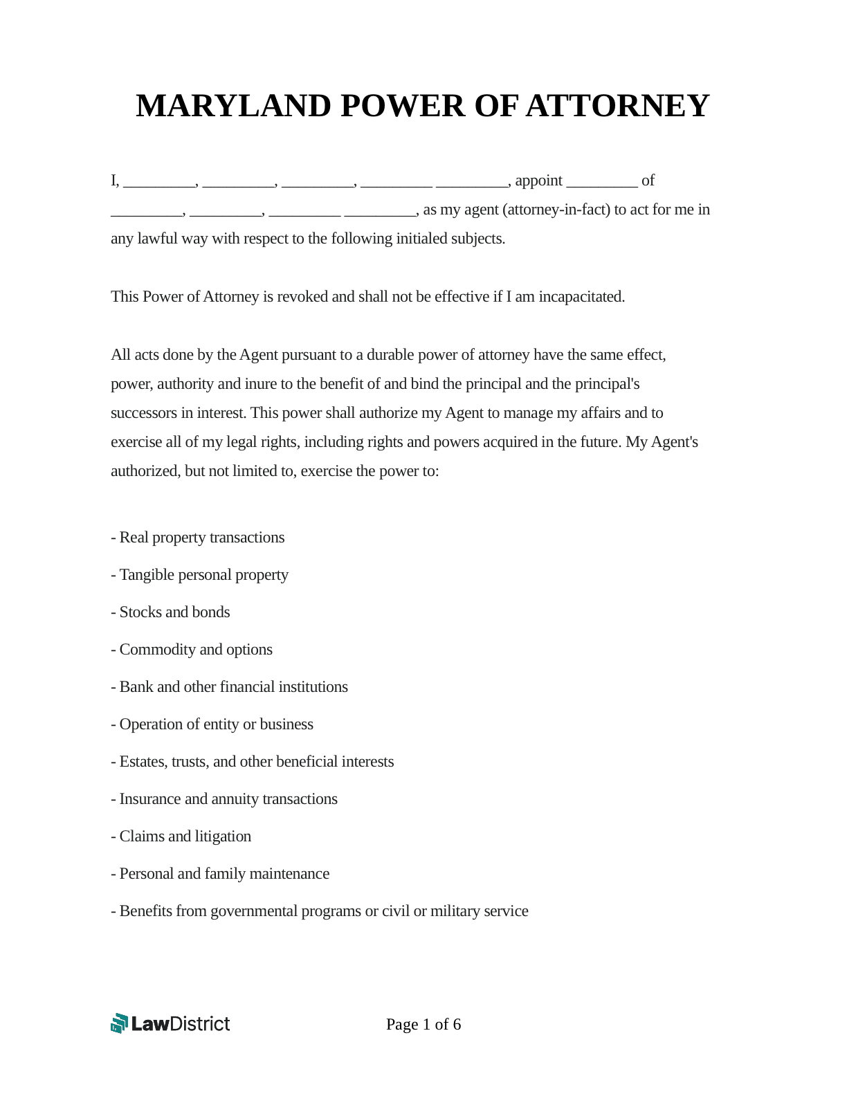 Maryland Power Of Attorney POA Free Form LawDistrict
