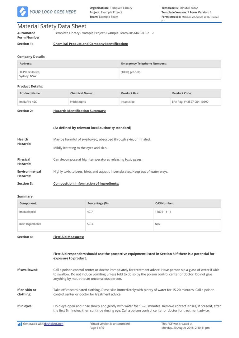 Material Safety Data Sheet Template Download For Free