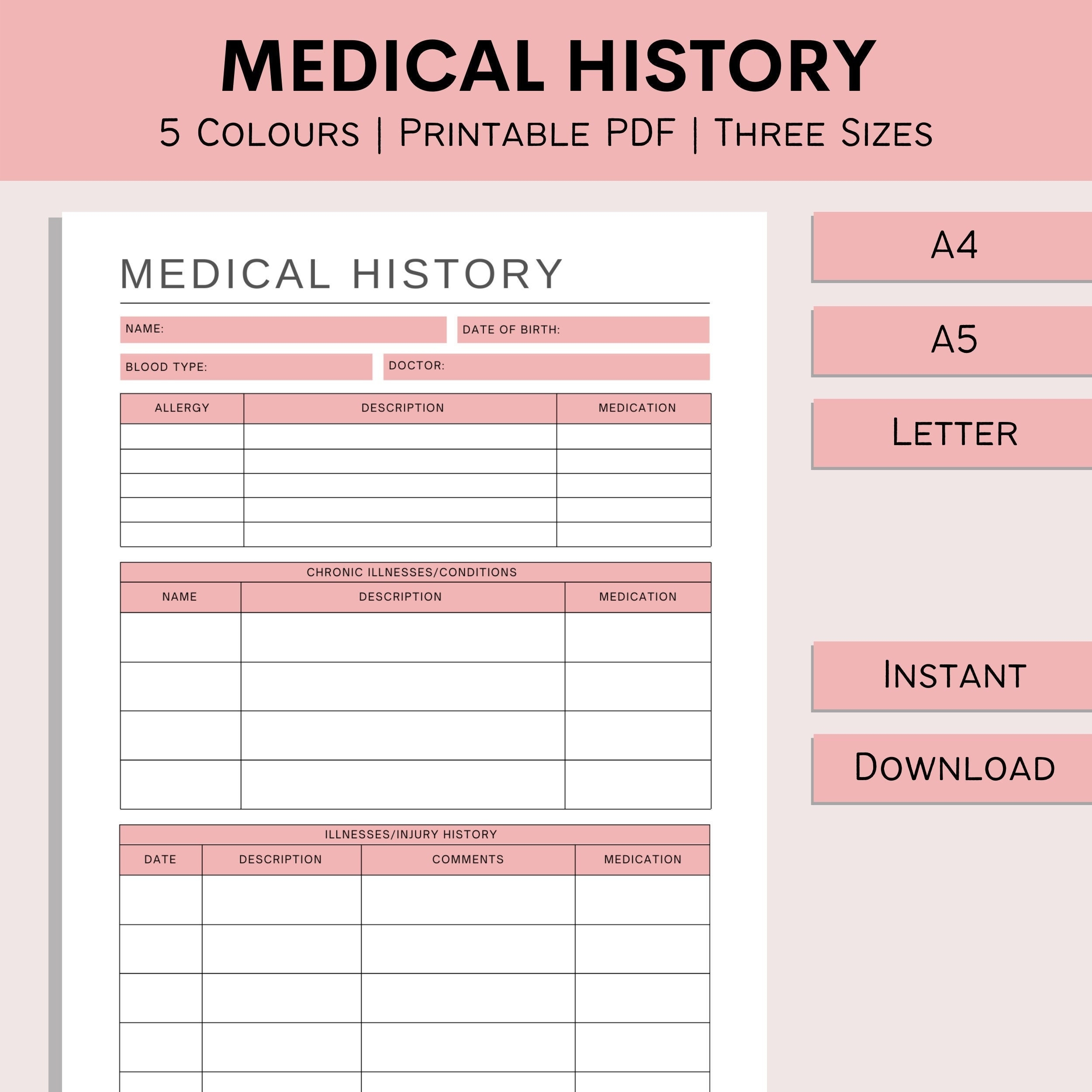 Medical History Form Printable Medical Binder Family Health 
