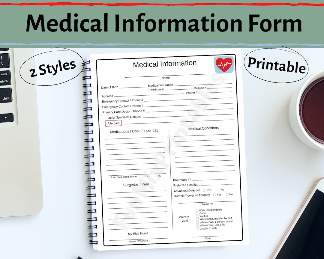 Medical Information Form Emergency Contacts Form Printable Medication List Health History Etsy