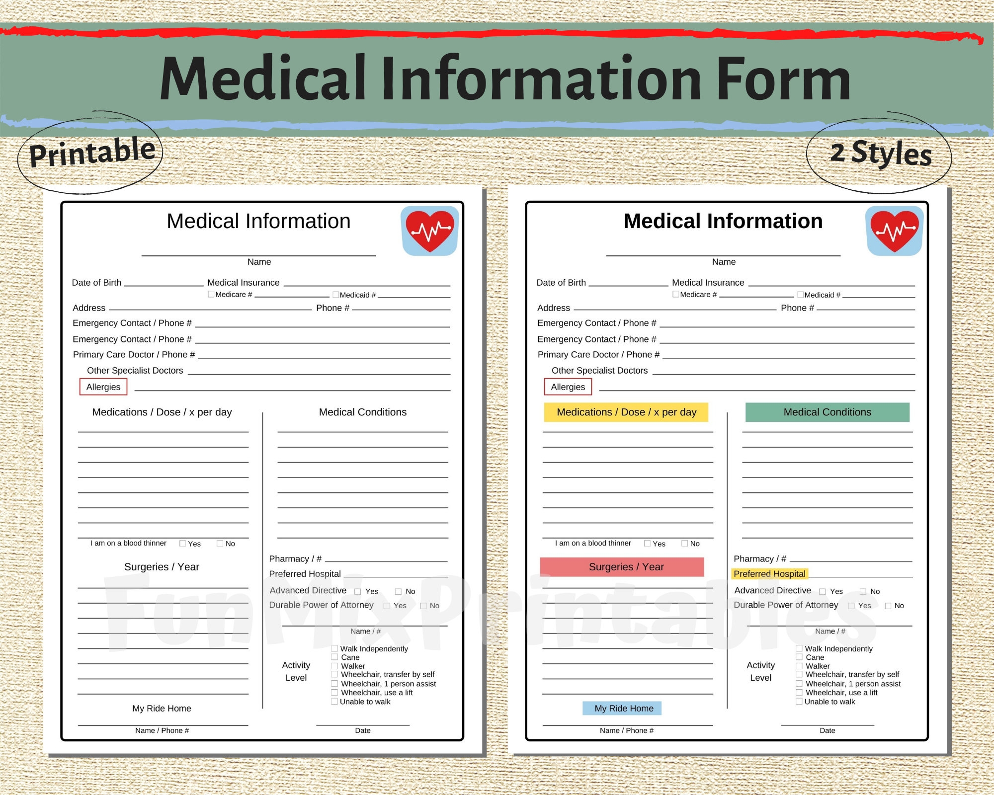 Medical Information Form Emergency Contacts Form Printable 
