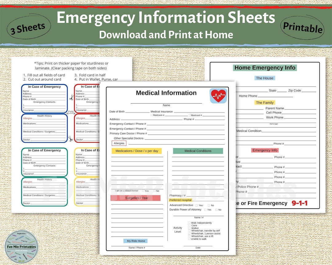 Medical Information Sheets Emergency Medical Form Printable Emergency Contacts Information Etsy