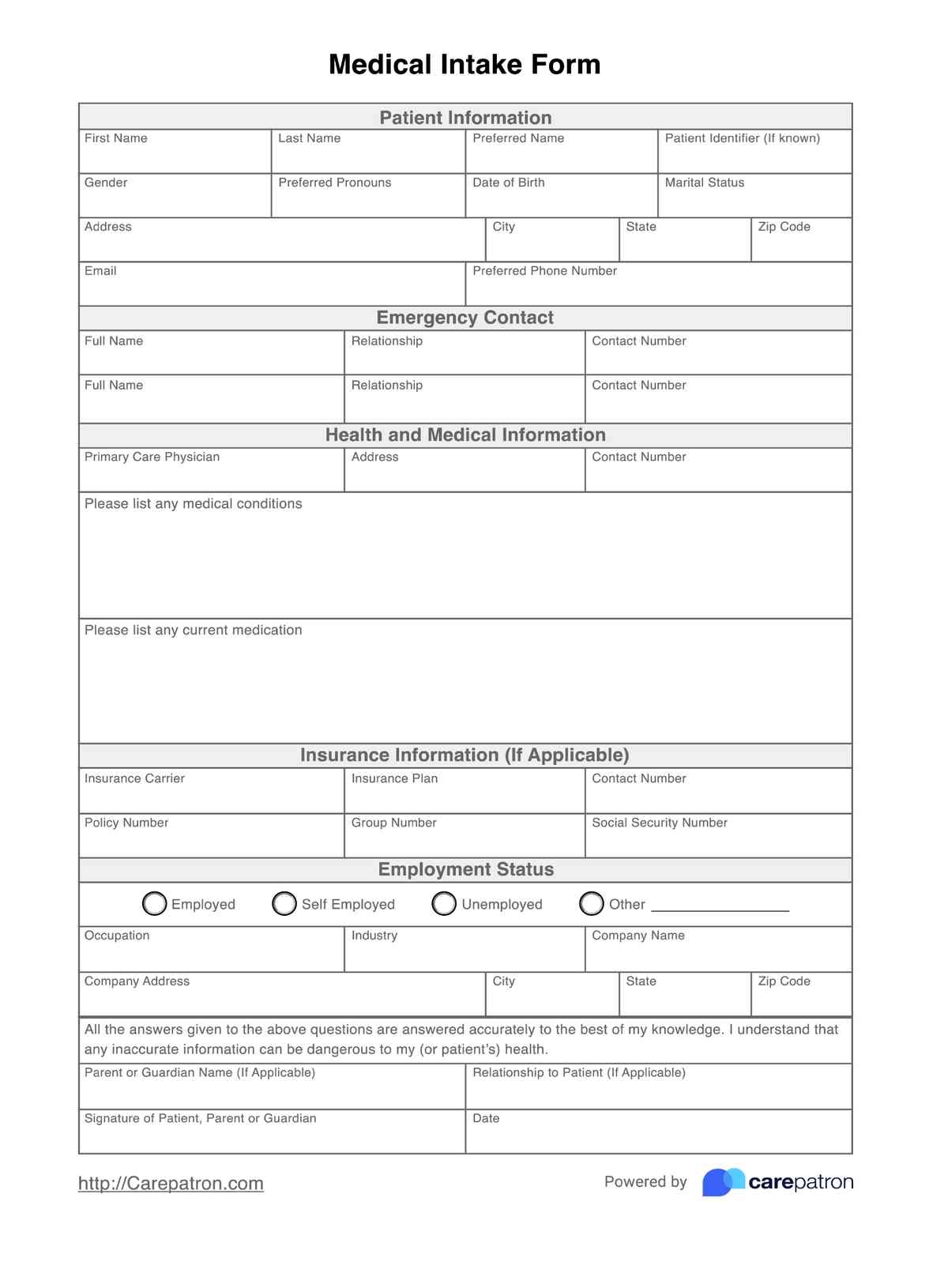 Medical Intake Form U0026 Template Free PDF Download