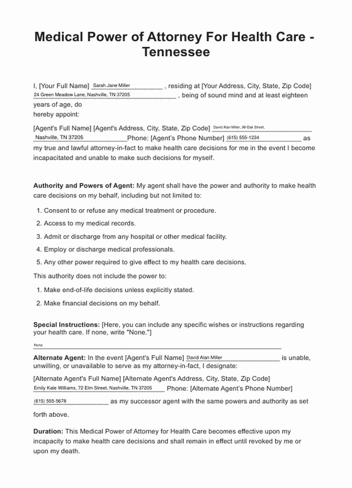 Medical Power Of Attorney Tennessee Form U0026 Example Free PDF Download