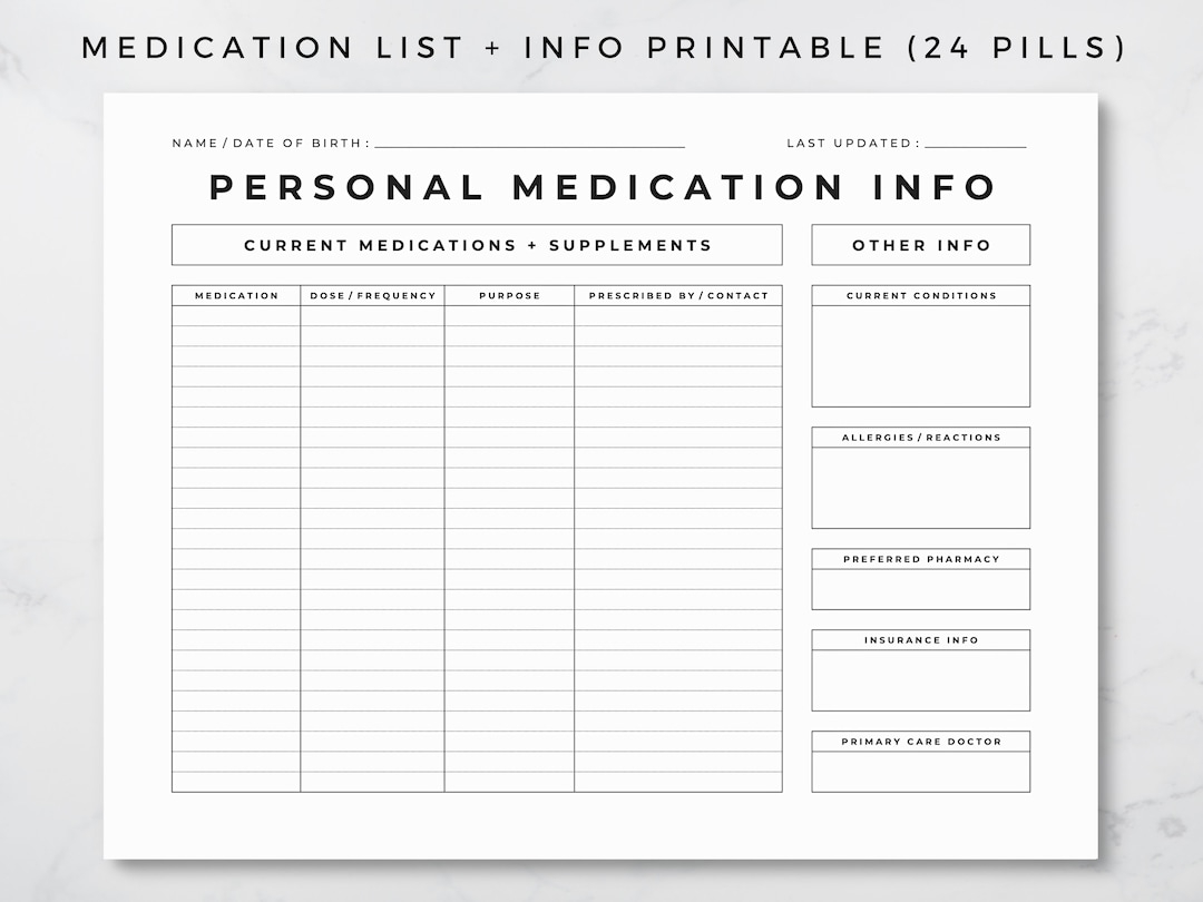 Medication Record Printable Medication List And Info Medical Information Medical History Form Medical Record Prescription Info 8 5x11 Etsy