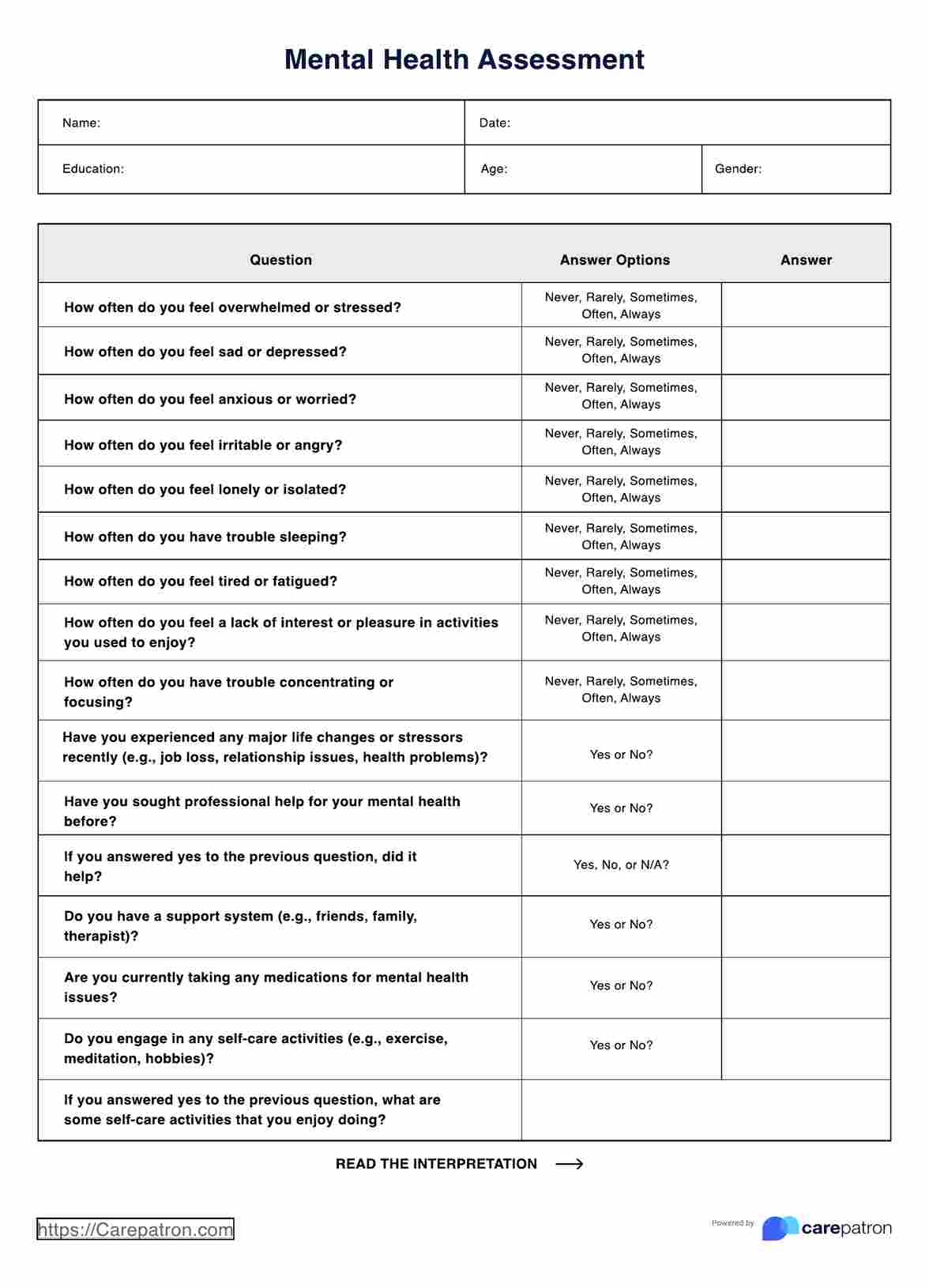 Mental Health Assessment U0026 Example Free PDF Download
