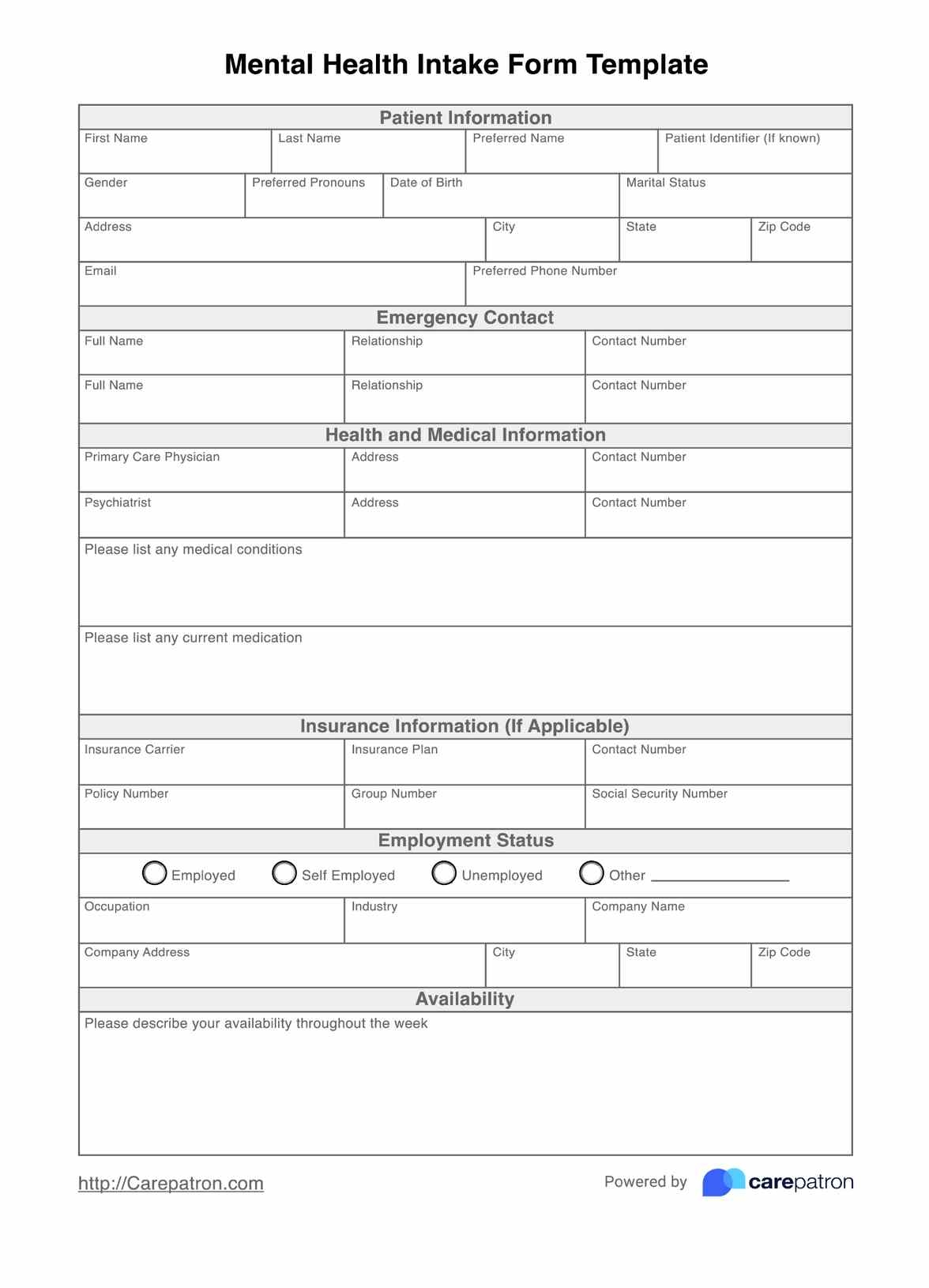 Mental Health Intake Form U0026 Template Free PDF Download