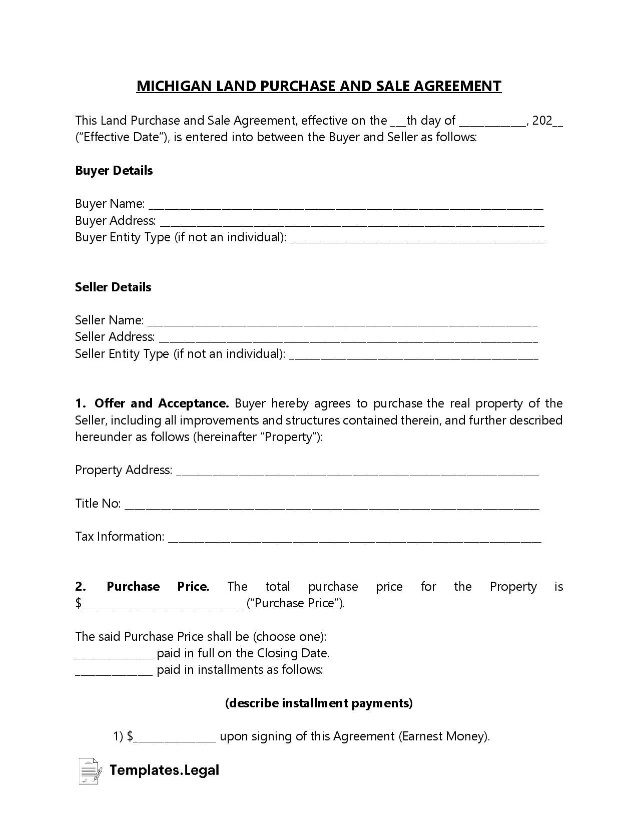Michigan Purchase Agreement Templates Free Word PDF ODT 