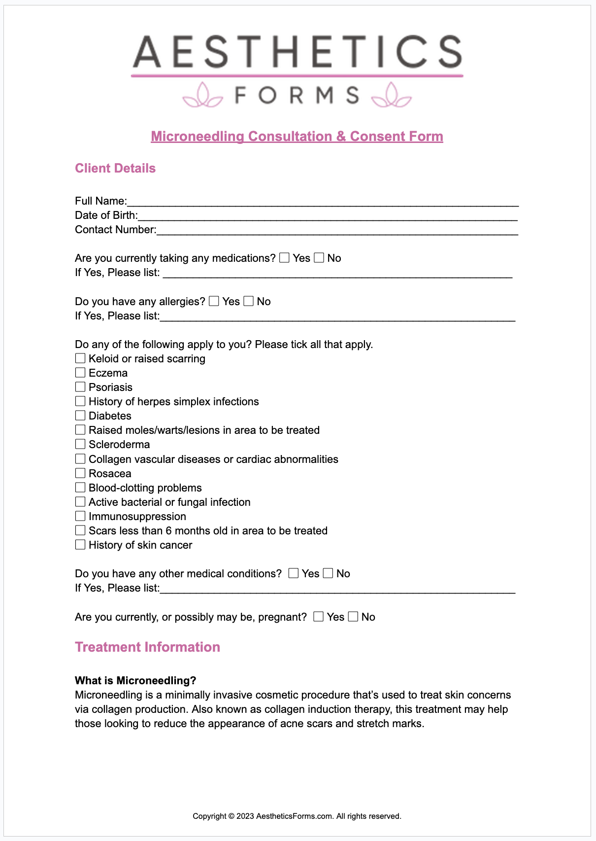 Microneedling Consultation PDF Printable PDF Download